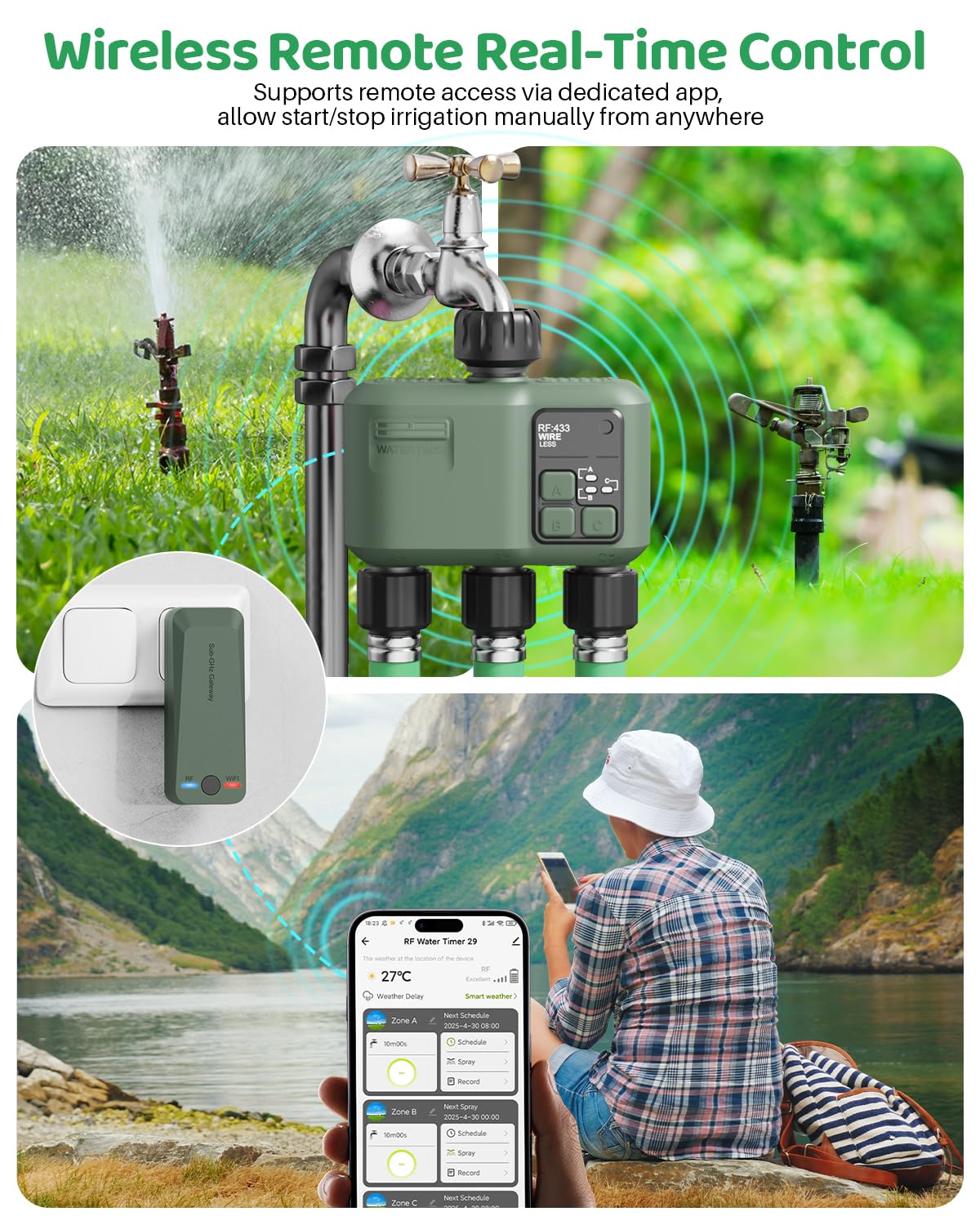 Smart Sprinkler Timer 3 Zone for Garden Hose, WiFi Water Timer with 984ft RF Range, Smart Lawn Watering System Irrigation Controller, APP/Voice Control, Rain Delay, Automatic/Manual Irrigation