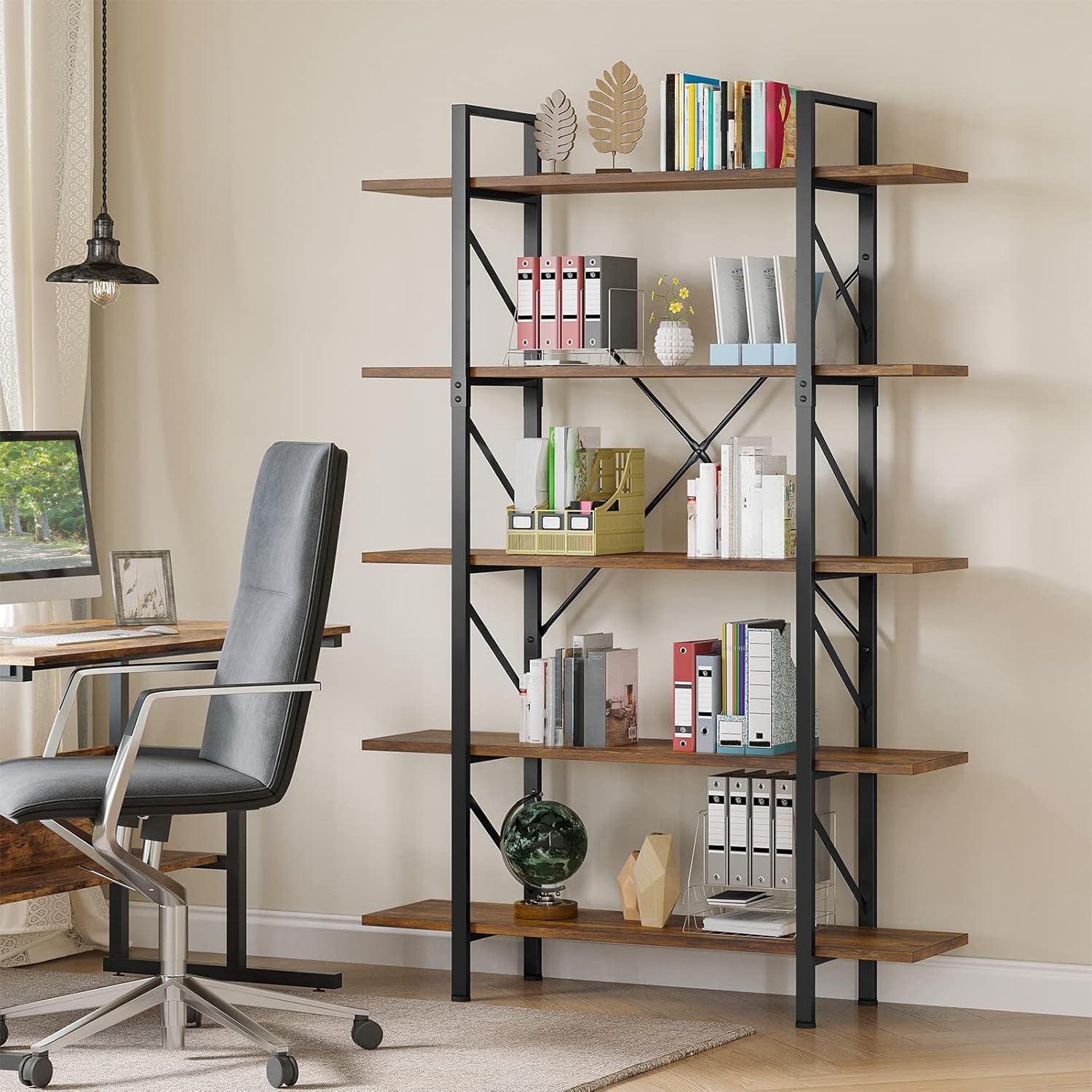 DWVO 5 Tier Bookshelf, 70.9" H Tall Bookcase Industrial Book Shelf Vintage Storage Organizer, Free Standing Storage Shelving Unit for Living Room, Bedroom, Home Office, Rustic Brown