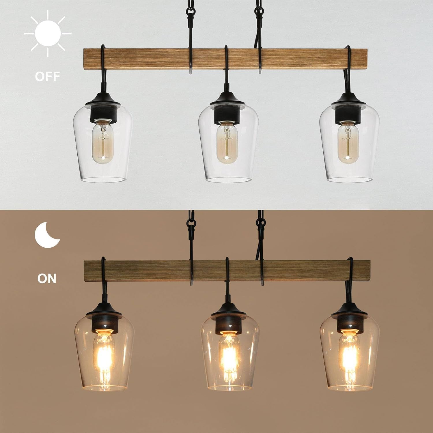 KSANA Farmhouse Chandelier, Black Linear Chandelier for Living Room, Faux Wood Rustic Chandelier with Clear Glass for Dining Room Kitchen Entryway