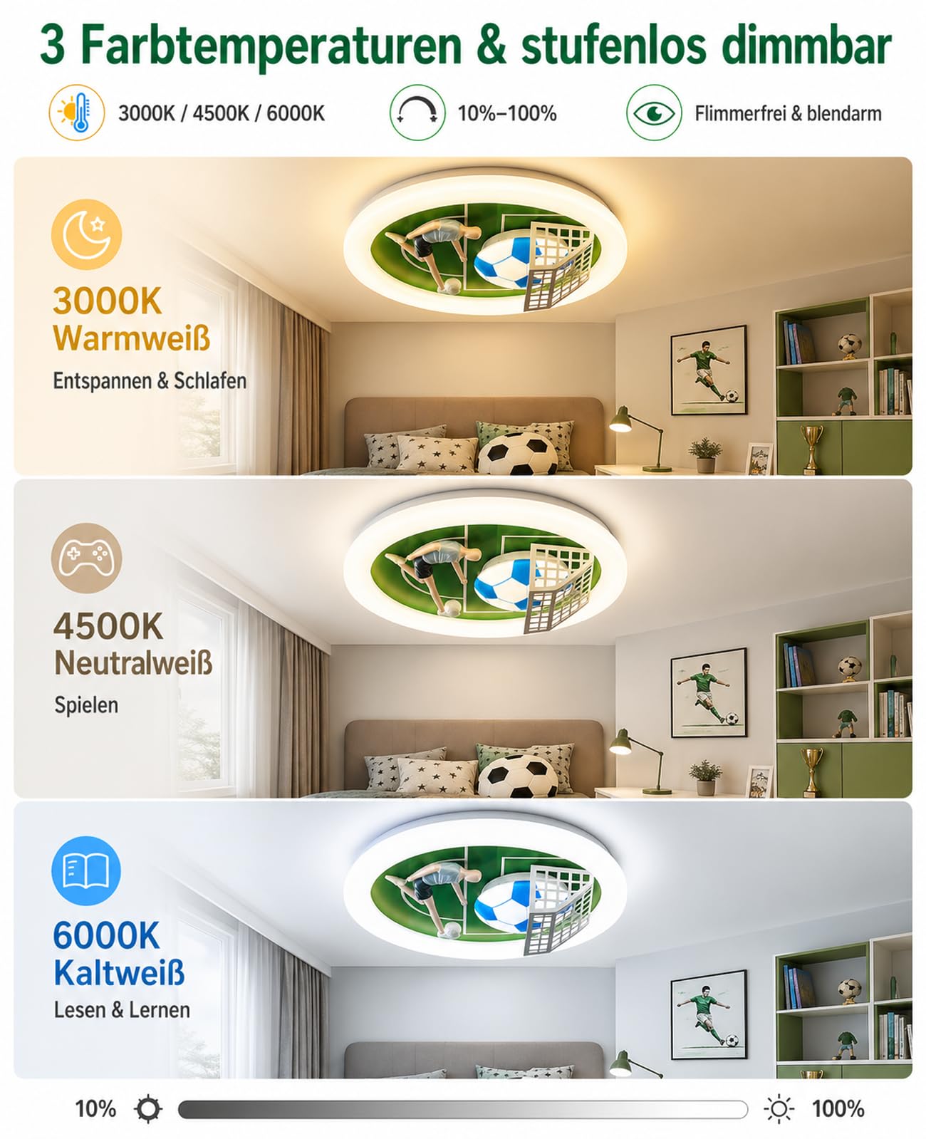 DROMEZ Fußball Deckenlampe Kinderzimmer, LED Deckenleuchte Kinder mit Fernbedienung Dimmbar, Lampe Decke 48W 2400LM 3000K/4500K/6000K, Schlafzimmer für Junge Mädchen Deko, Ø50cm