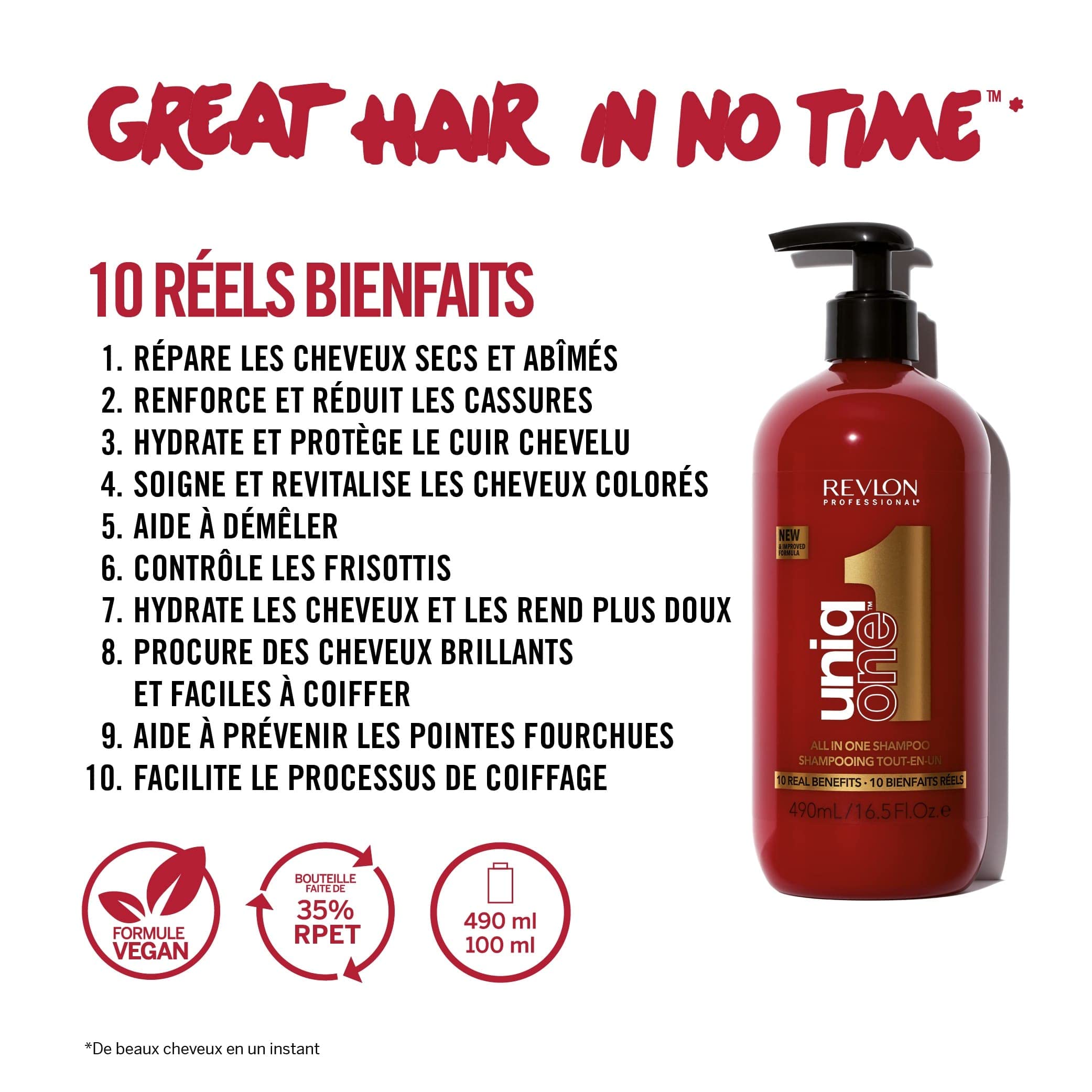 Revlon Professional UniqOne, Shampooing et Après-shampooing 2en1 (490 ml), Soin Cheveux Nourrissant et Réparateur, Formule Vegan, Tous Types de Cheveux, Classique Rouge