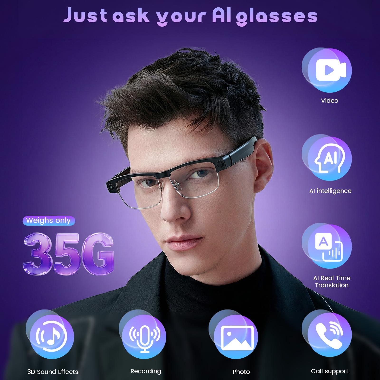 Lunettes AI avec appareil photo, filtre à lumière bleue, résolution HD 1200p, Bluetooth, traduction vocale, lunettes de ki avec appareil photo, enregistrement vidéo, lecture de musique, détection