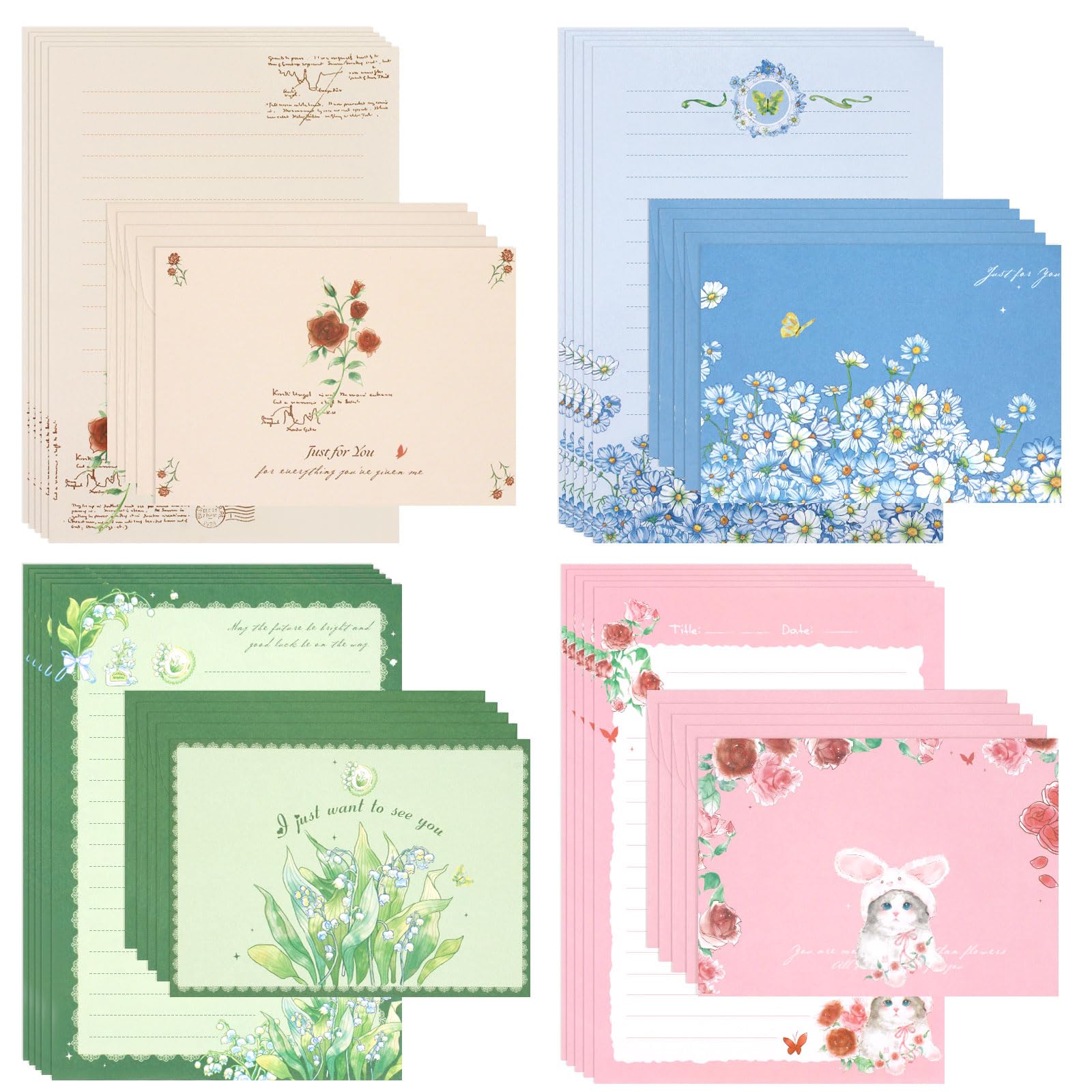 Floral Stationery Paper and Envelopes Set,20 PCS Letter Writing Paper+20 PCS Matching Envelopes,Fresh Floral Style Lined Stationery Set