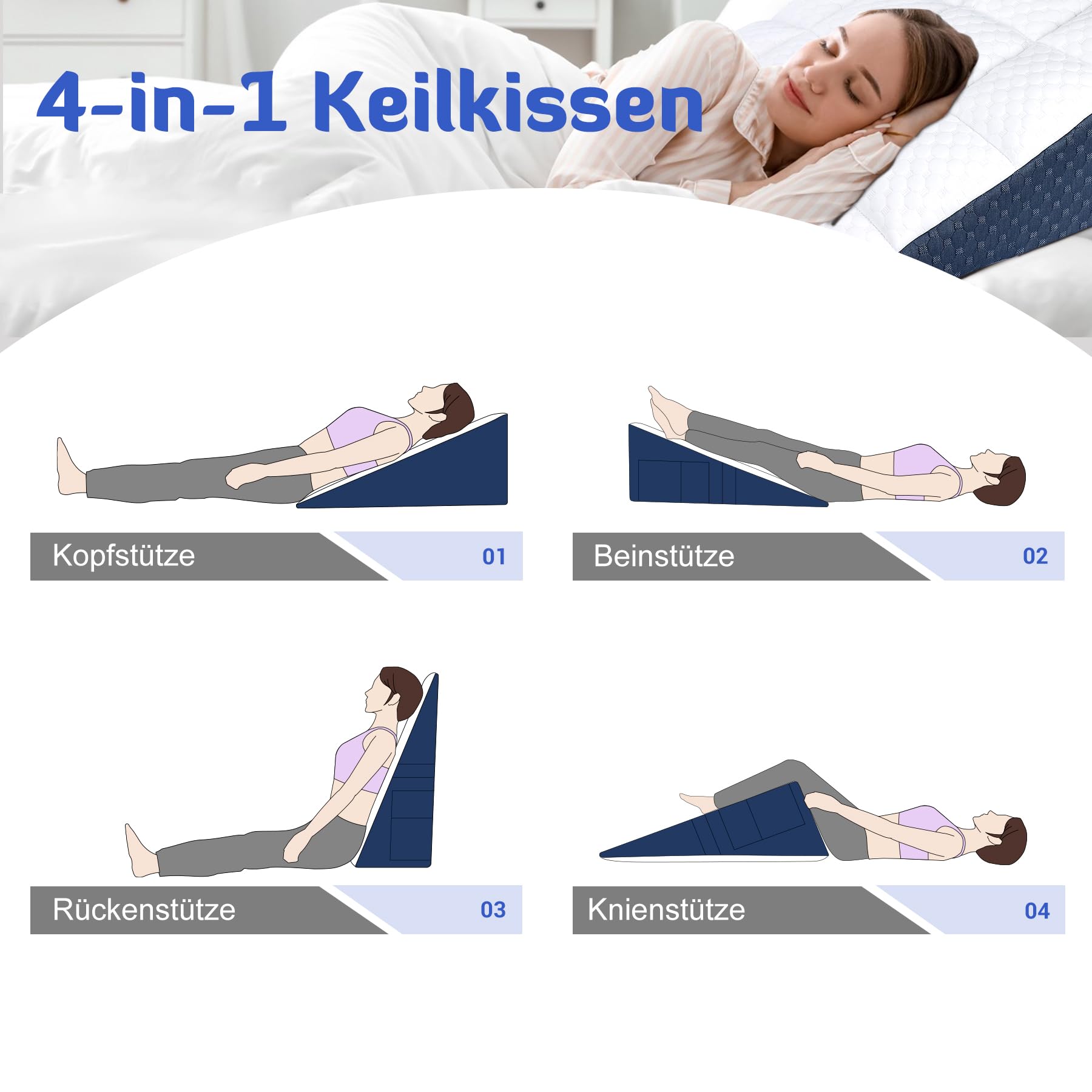 INFANZIA Vielseitig Keilkissen 21cm Erhöhung für Bett und Sofa, Dreieckskissen aus Hochdichteschaum, Ergonomischer Bettkeil für Reflux Schlafapnoe, Rückenstütze & Beinauflage für Lesen (Weißblau)