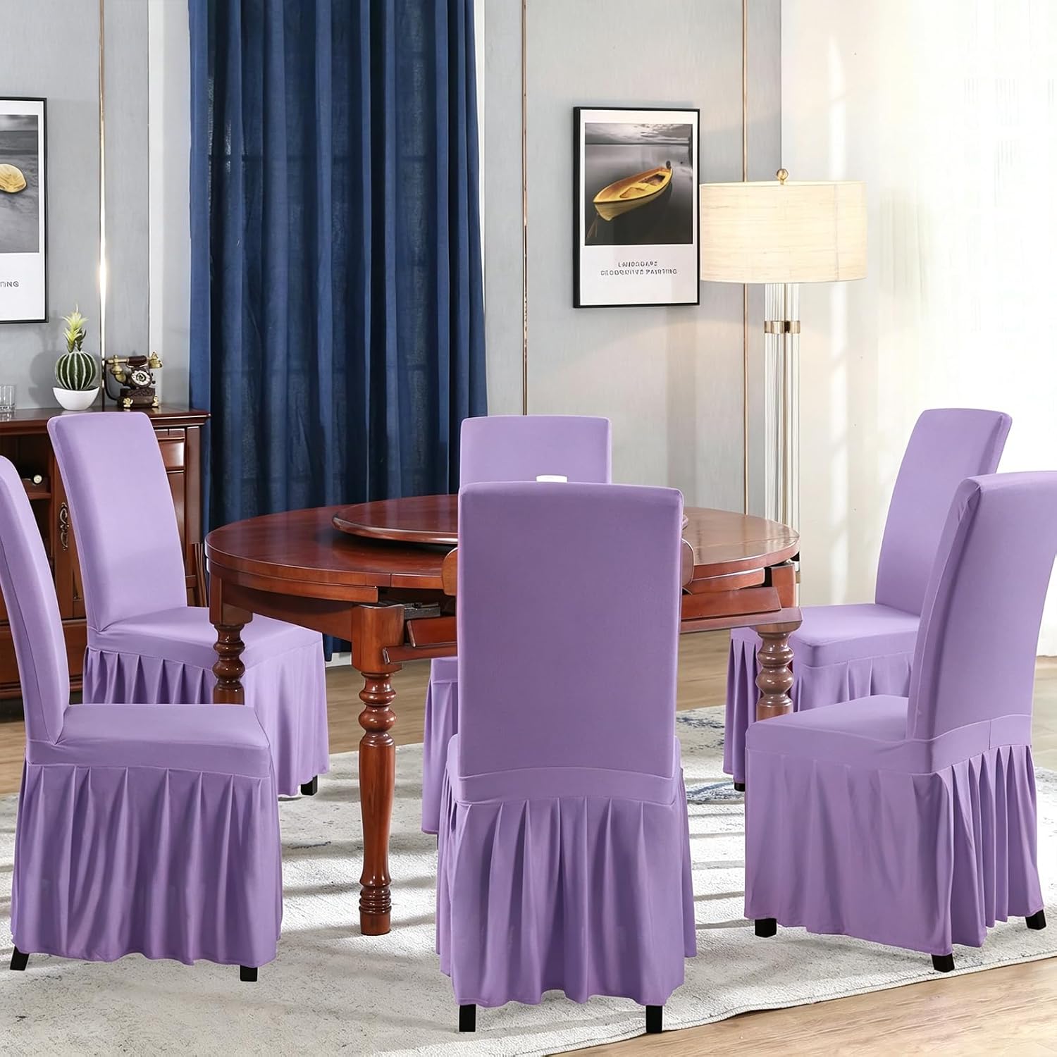 2PC Stretch Spandex Parson Dining Chair Slipcovers, Skirt Lavender Covers