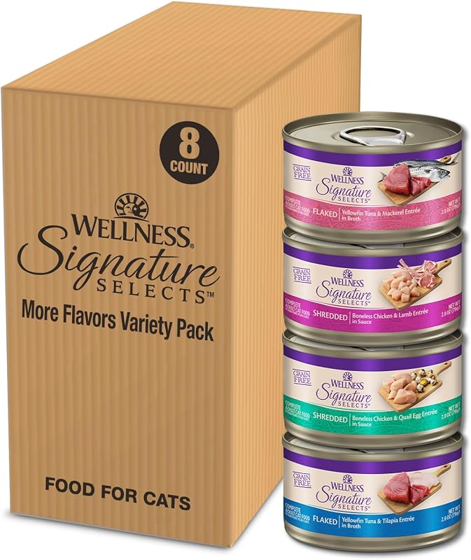 Ração úmida para gatos adultos Wellness CORE Signature Selects, sem grãos, pacote com 8 latas de 79 g