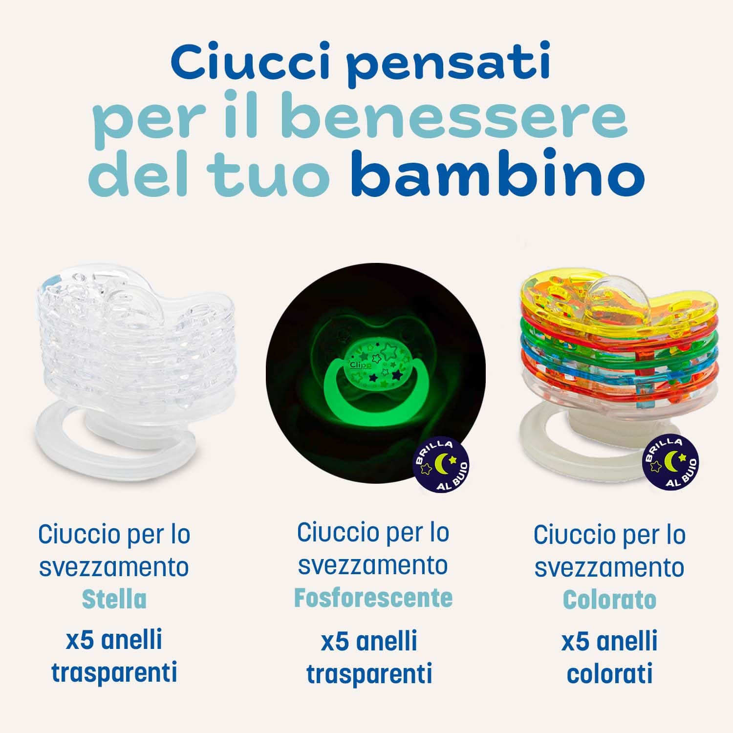 CLIPP Kit - Ciuccio per lo svezzamento Stelle + 5 anelli per lo svezzamento graduale - Svezzamento a tappe, facile e delicato - Dispositivo brevettato - Prodotto in Francia - A partire dai 2 anni