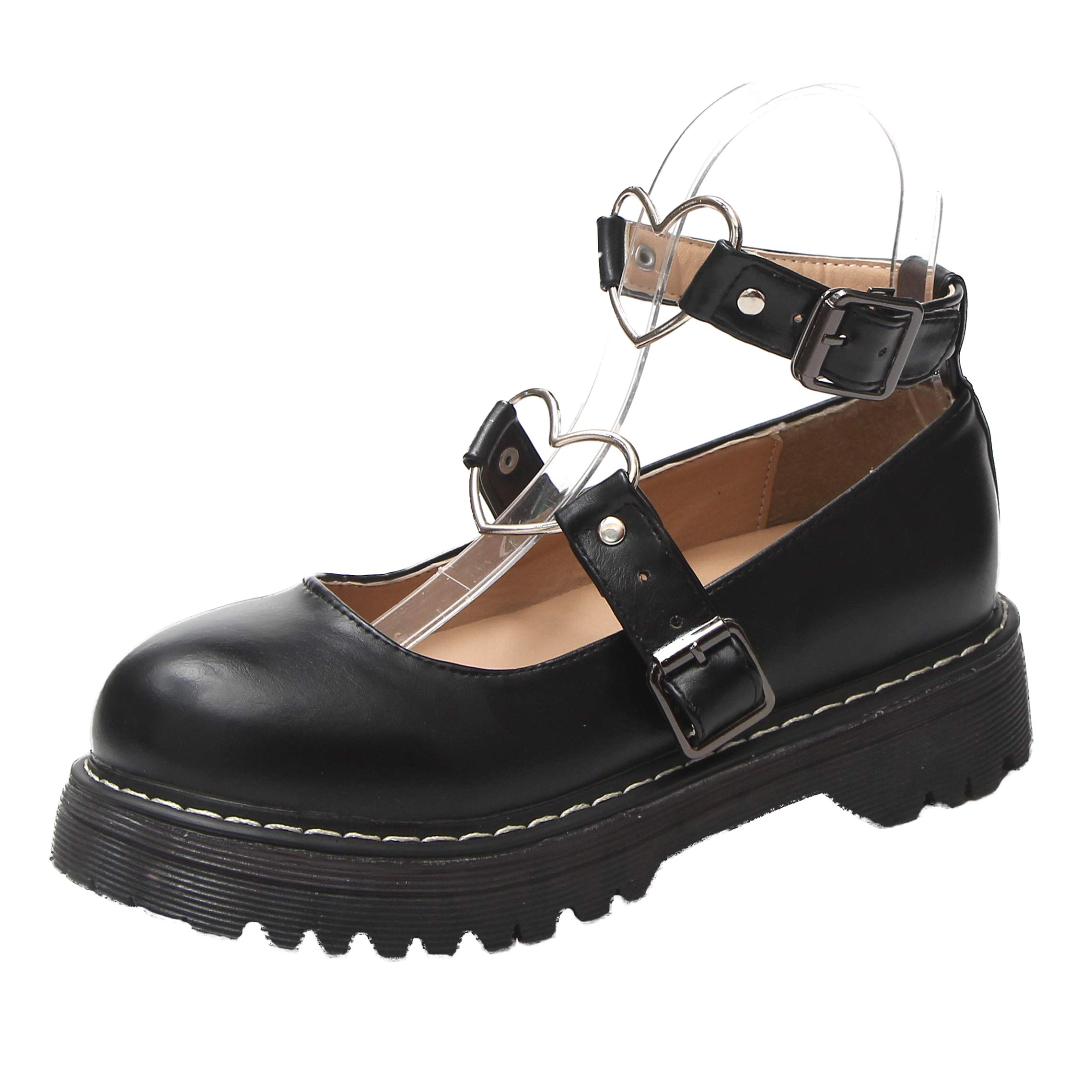 Japanse Harajuku Sweet Lolita Shoes Low Heel PU Leather Heart Strap Mary Jane Shoes