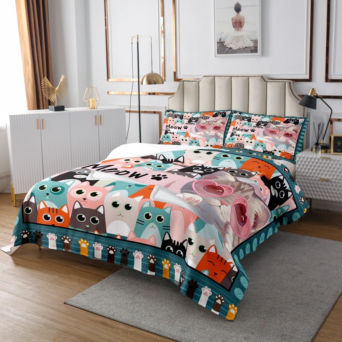 Homewish Cartoon Cat Bedspread Twin Size,Kawaii Colorful Kitten Bedding Sets 2Pcs for Kids Girls Boys Room Decor,Pet Animals Comforter Set Cute Cat Paw Print Quilt Coverlet,1 Pillowcase