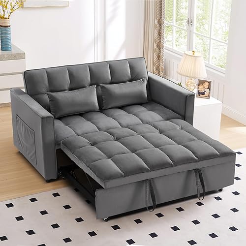 Convertible Velvet Sofa Bed with Pull-Out Bed & Side Storage Pockets, Modern Sleeper Sofa for Living Room, Apartment, Small Spaces, and Bedroom (Grey)