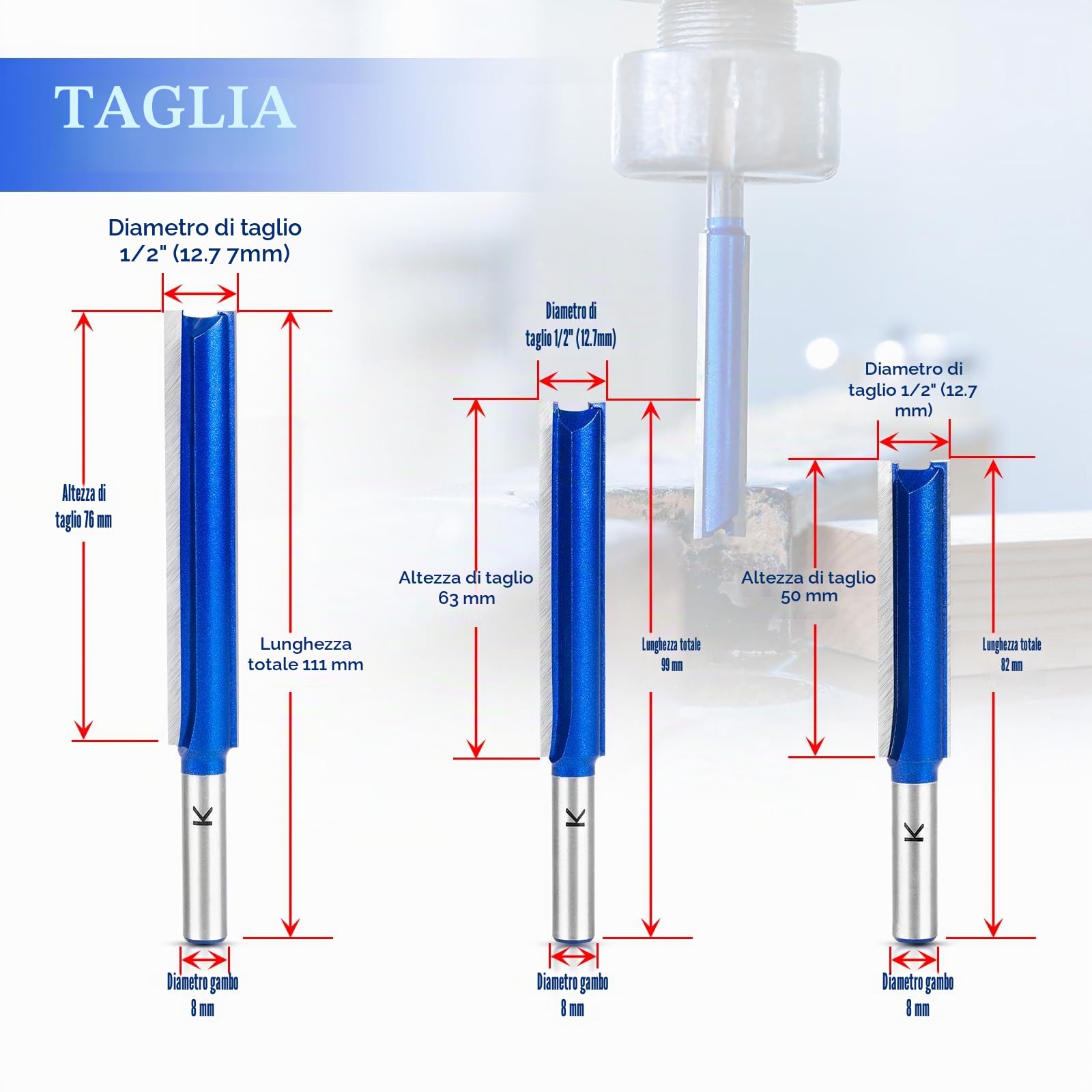 3Pcs Fresa Dritta a Doppia Scanalatura 8 mm, Punta Dritta Fresa extra lunga per legno,Frese per Legno lunghezza di lavoro extra lunga, 50 mm, 63 mm, 76 mm