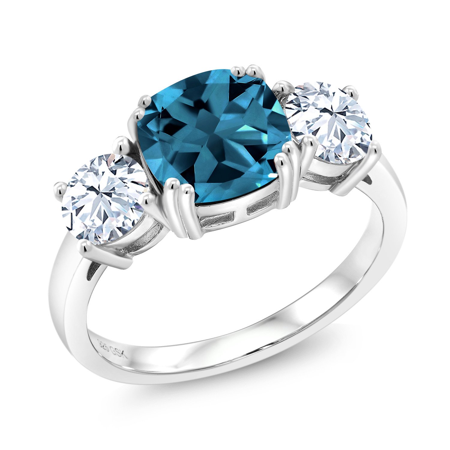 Gem Stone King4.24 Cttw London Blue Topaz and White Zirconia 3 Stone Engagement Ring For Women | 925 Sterling Silver | Gemstone Birthstone | Cushion 8MM | Available in Size 5,6,7,8,9