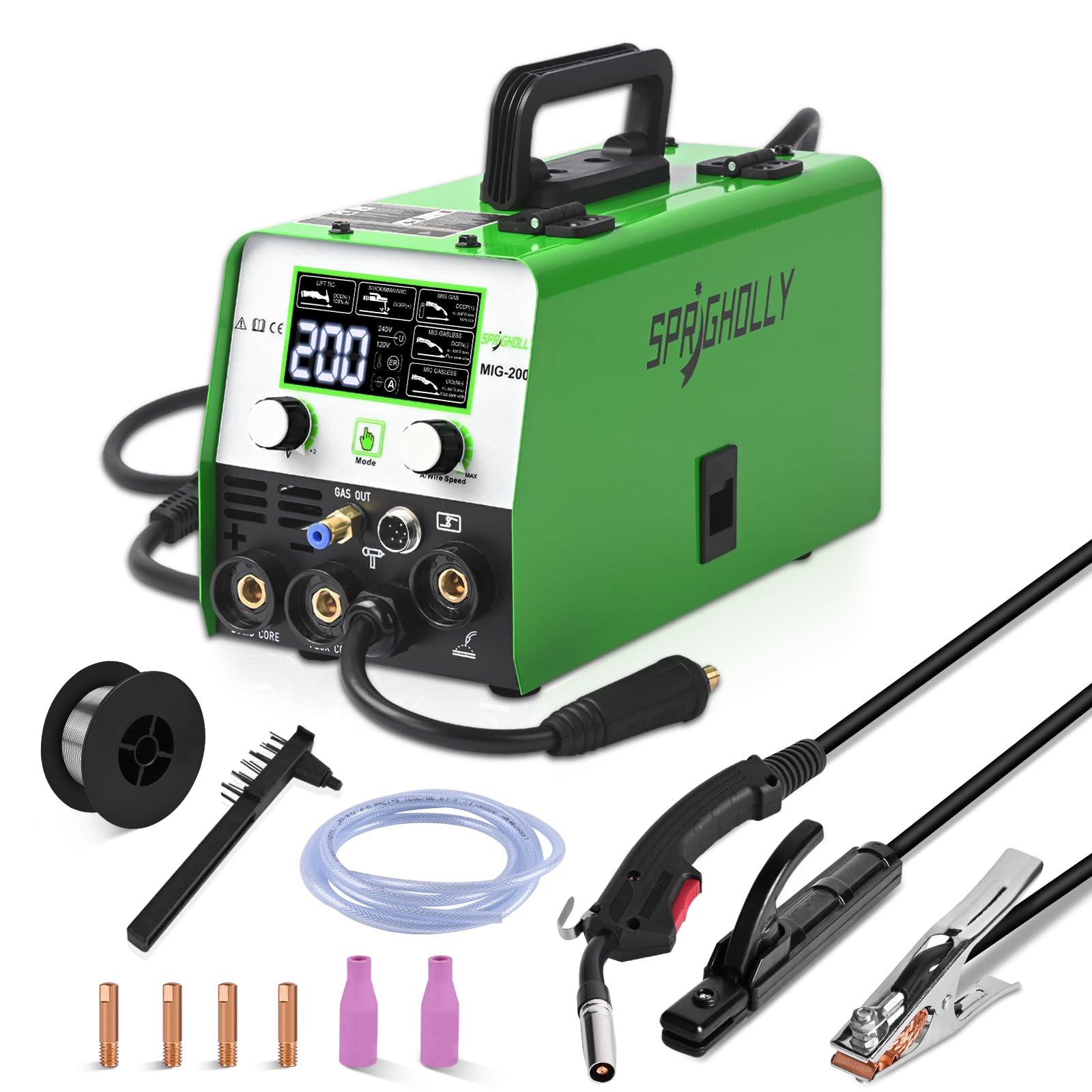 Saldatrice MIG 200 A 240 V, 4 in 1, saldatrice multiprocesso, MIG-gas/saldatura senza gas/Lift-TIG/asta/punti, grande aggiornamento display LED