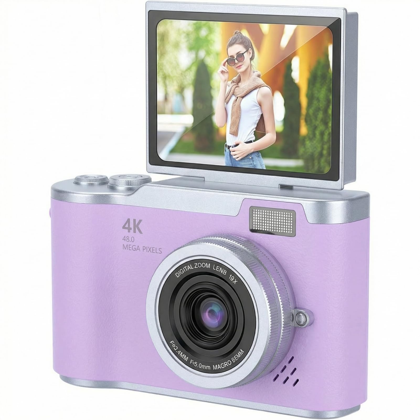 Bewinner 1080P Digital Kamera für die Fotografie, 48MP Vlogging-Kamera mit 2,4 "Flip-Bildschirm, 18x Digital-Zoom-Autofokus Kompakte Reise Kameras für Anfänger (Purple)