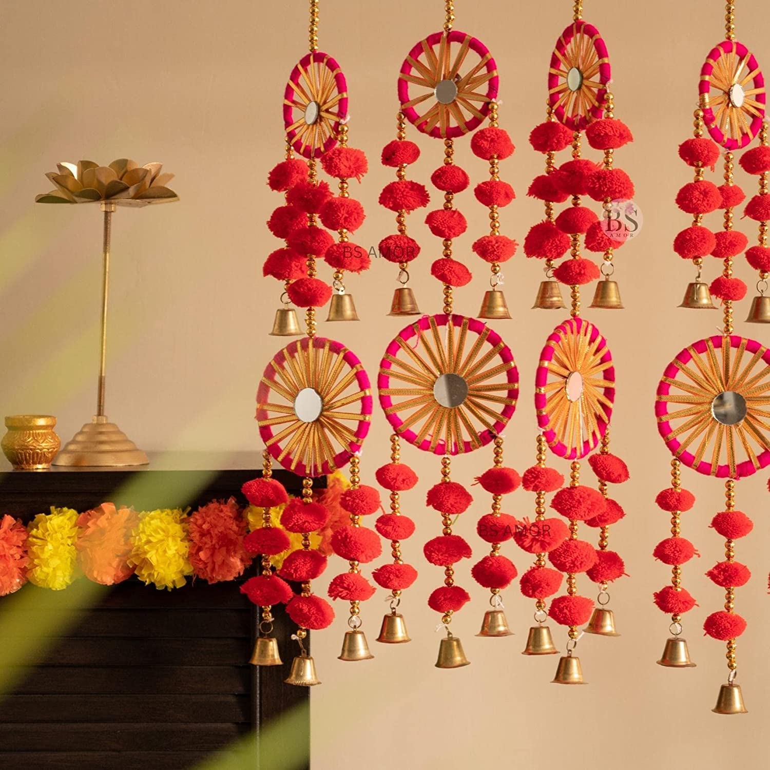 BS AMOR Dual Red Chakri Latkan Traditional Hanging Latkan for Party, Wedding, Room, Home, Main Door,Diwali Decoration Items Pack of (2)