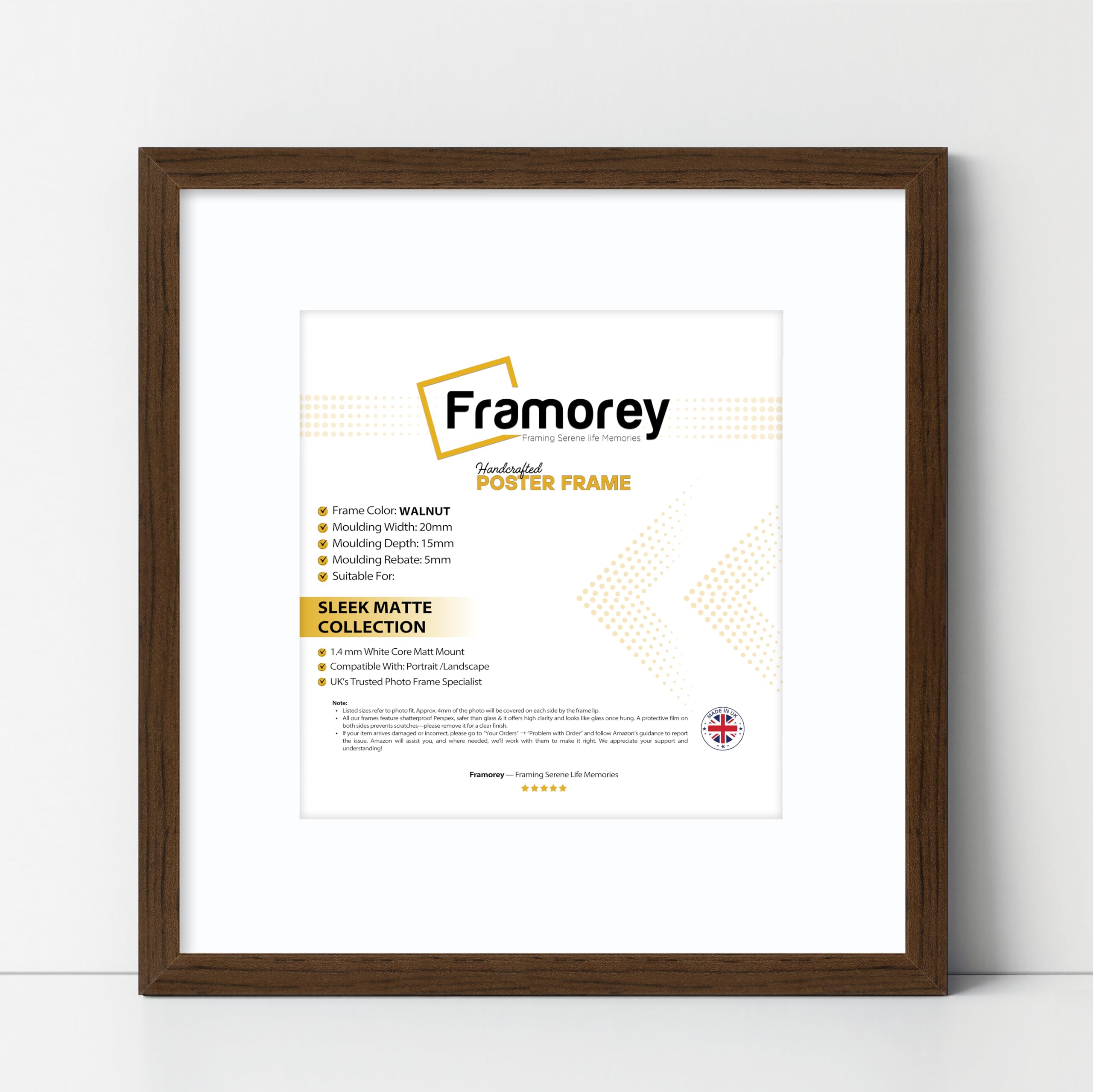 FRAMOREY Square Size Thin Matt Photo, Handmade Flat Thin Picture Frame, 13x13" Size Walnut Picture Frame With 11x11" Size White Mount, Photo Print Frames