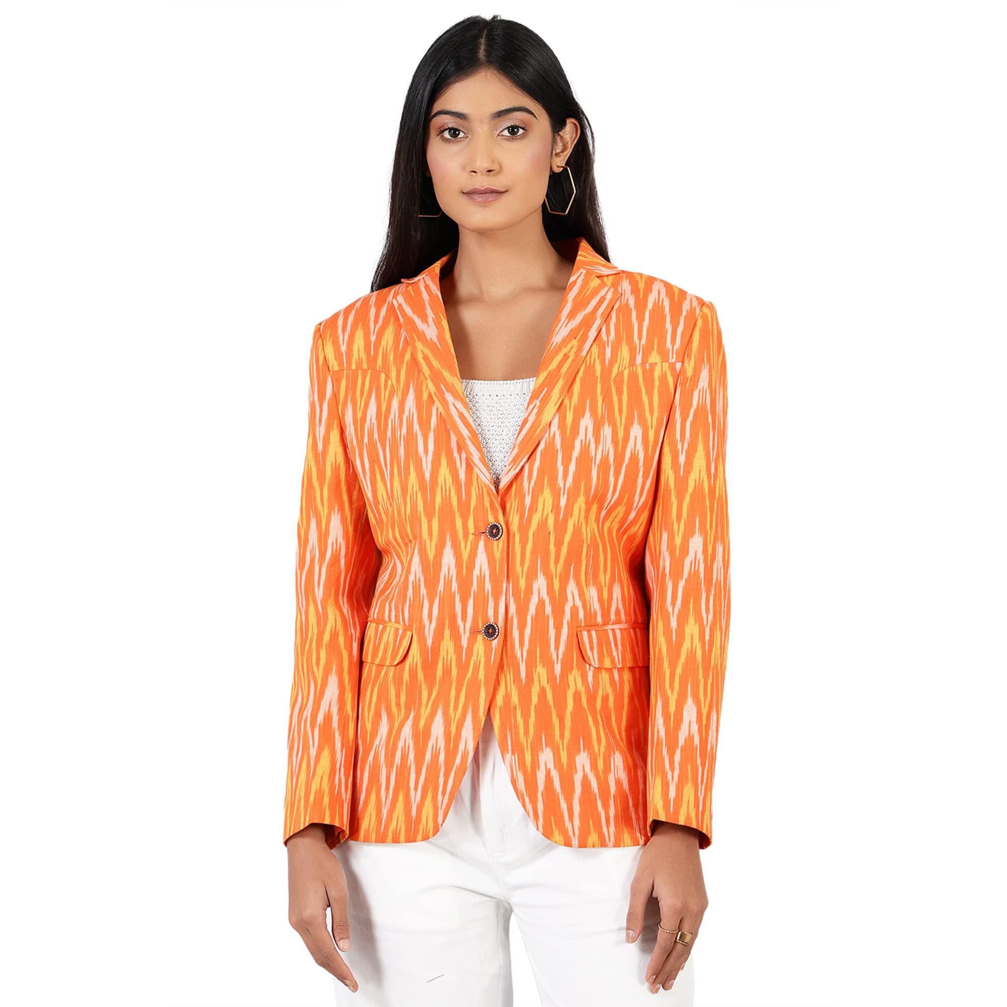 indophilia Women's Ikat Cotton Tie and Dye Single Breast Two-Button Blazer-picture-29