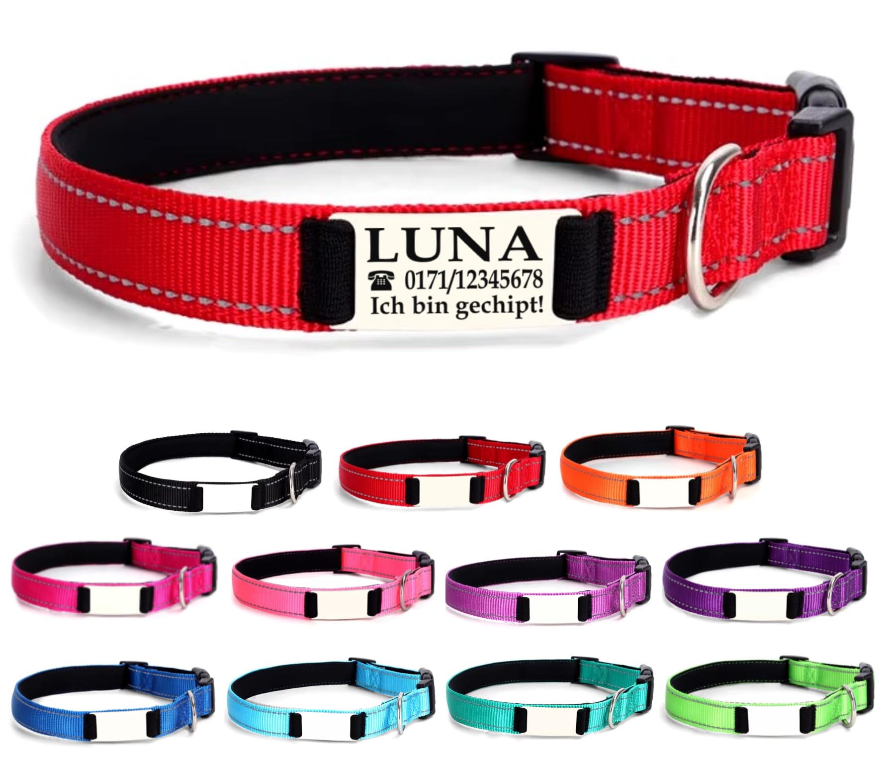 Ibera gifts - Hundehalsband Personalisiert, Hundehalsband Mit Namen Für Sehr Große Hunde XL, 50-70 cm, Reflektierend (Rot, XL Sehr groß)