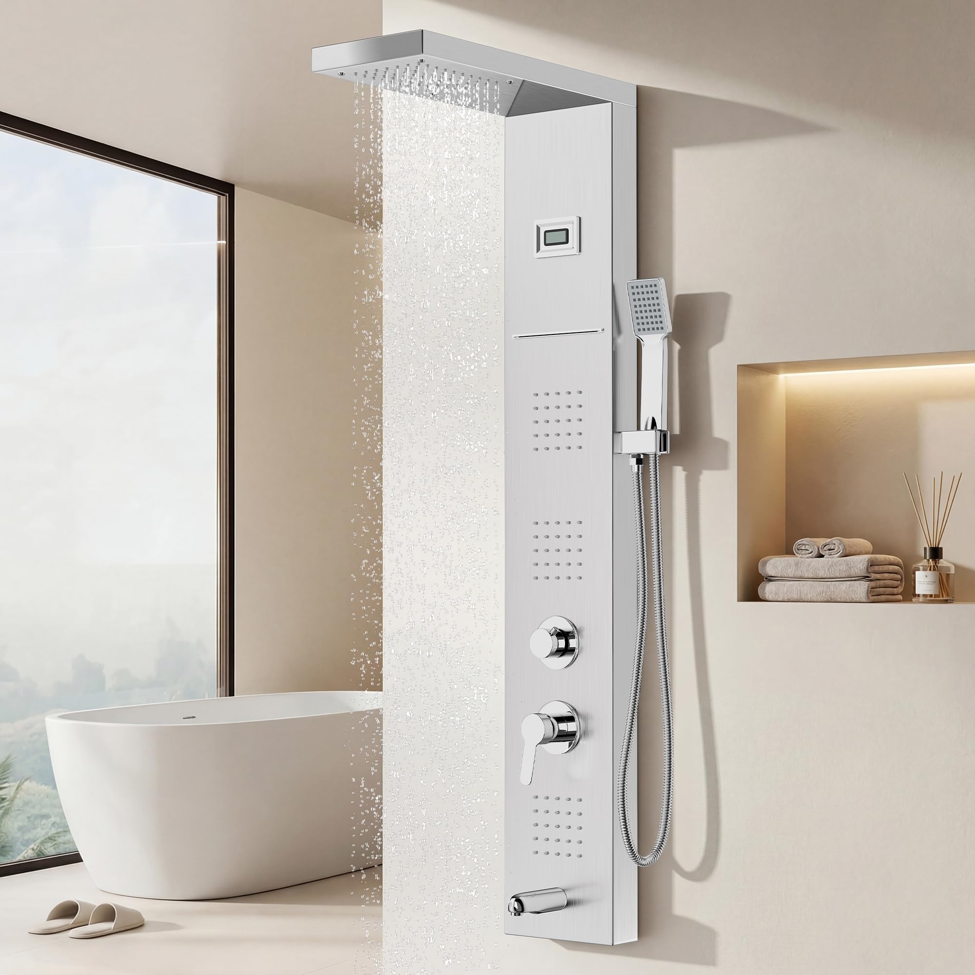 Colonne de Douche Hydromassante STANEW,Affichage LED la Température,Robinet 5 Fonctions,Pluie, Cascade,Massage, Bec de Baignoire et Pomme de Douche avec Tuyau,Acier Inoxydable Brossé 1100 mm (Gris)