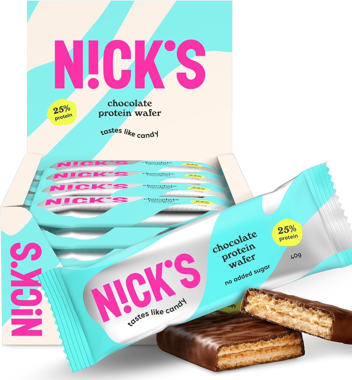 NICKS Barrette di wafer proteico Cioccolato | 25% di proteine ​​| 198 calorie | Barretta proteica a basso contenuto di carboidrati senza zuccheri aggiunti e glutine (24 barrette proteiche x 40g)