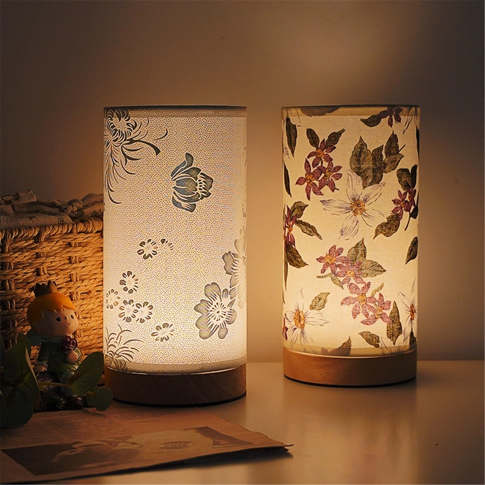 akcesoria do sypialni Prosta lampa stołowa z tkaniny do sypialni, nocna, drewniana, trójkolorową zmianą światła