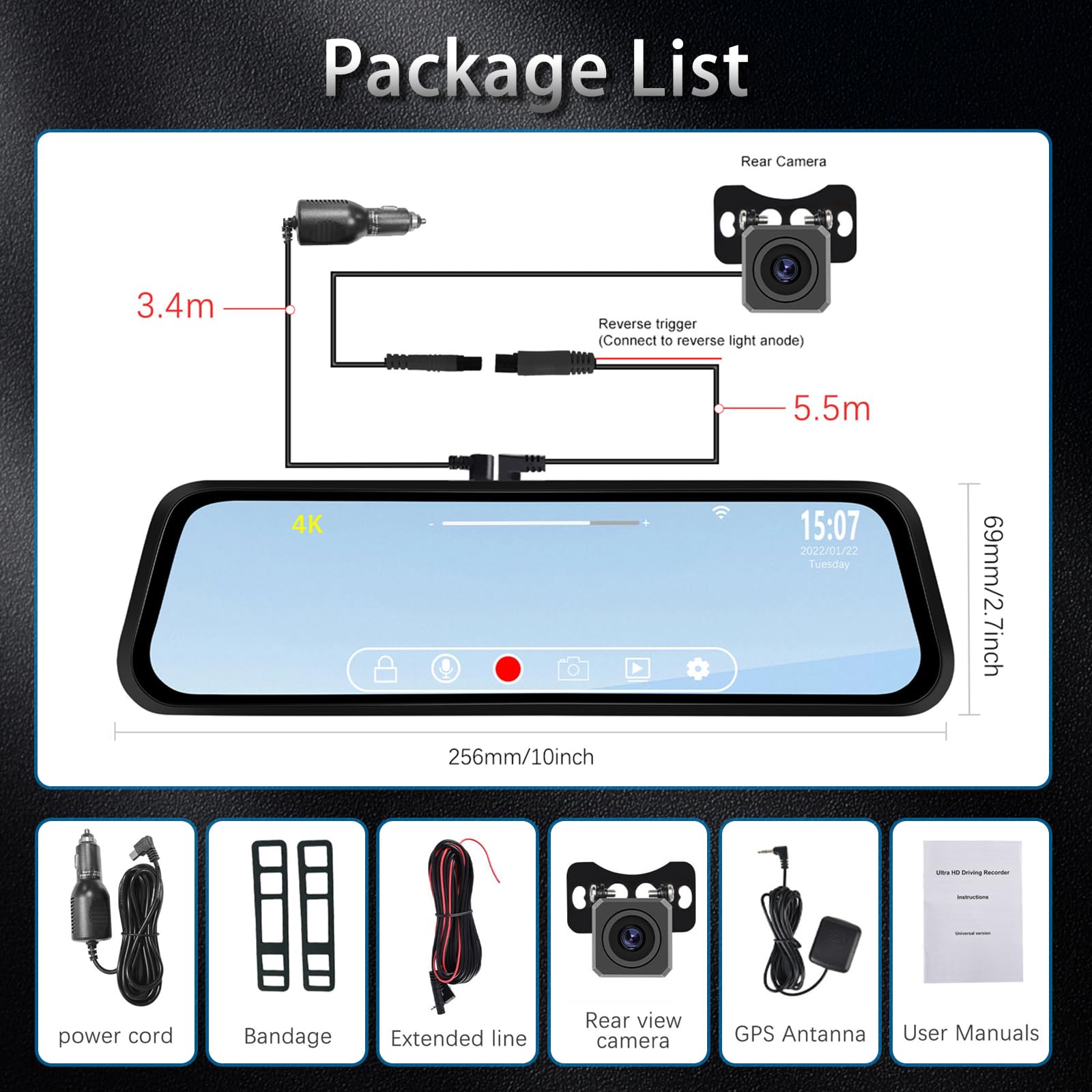 4K Podofo Dashcam Voiture Rétroviseur Écran Tactile, 9,66 Pouces Arrière et Avant Full HD 150° Avant + 120° Arrière Media DVR avec Super Vision Nocturne/G-Sensor/Capteur G/Monitor+Caméra de Recul
