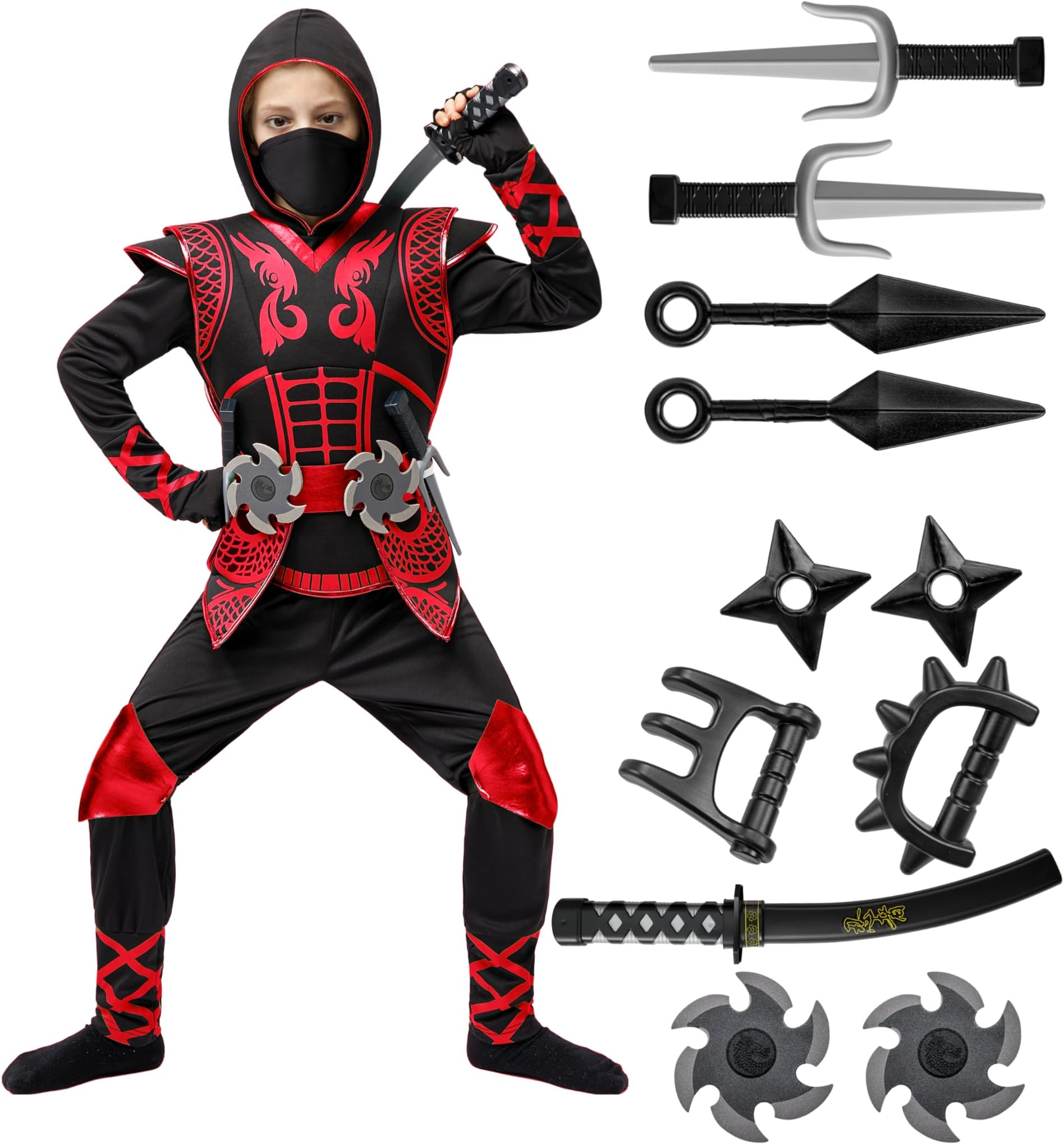 Spooktacular Creations Red Ninja Costume Set, Ninja Jumpsuit with Foam Accessories for Kids, Toddler Halloween Outfit for Ideas Cosplay Party (Small, 5-7 yrs)