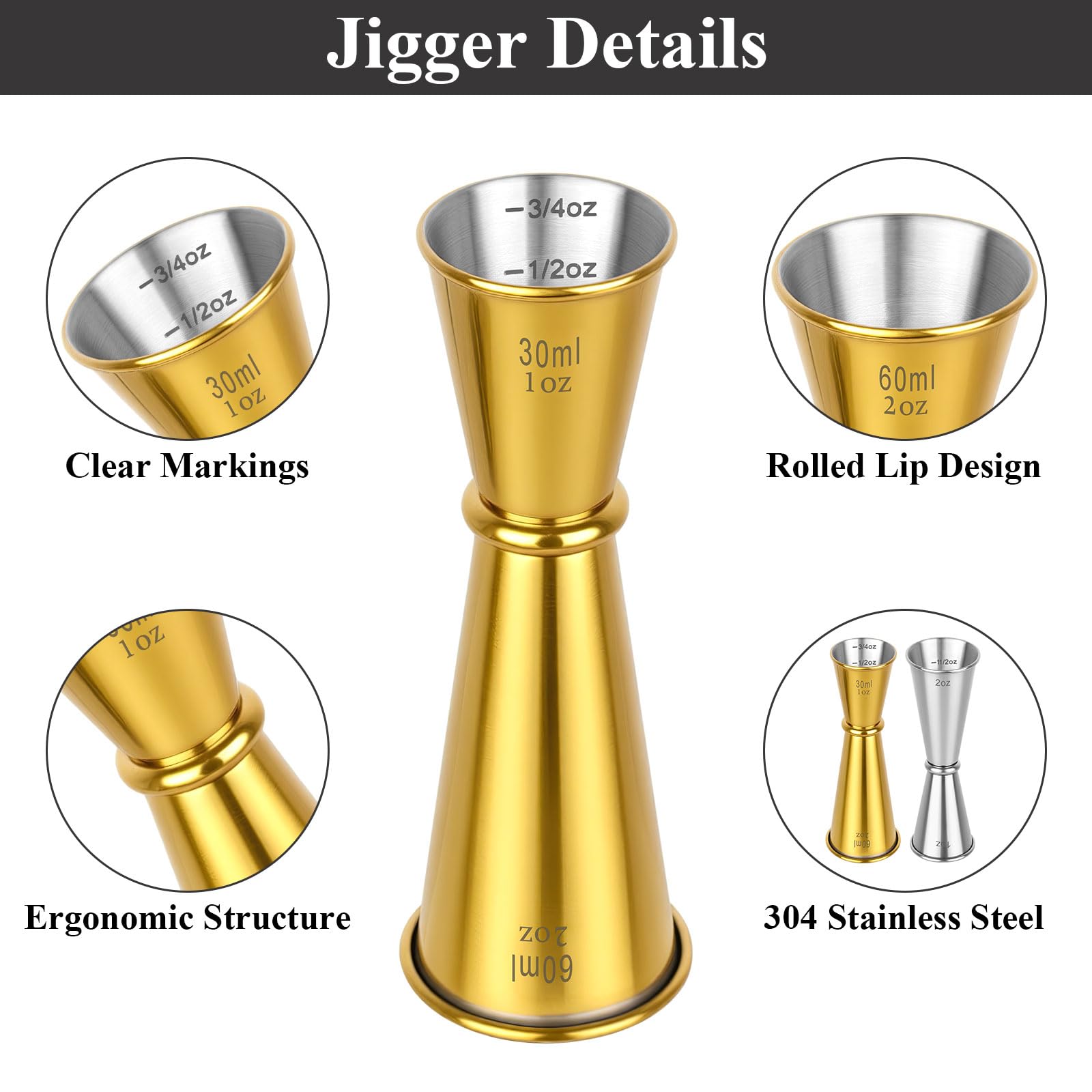 2 Pack Jigger for Bartending, 2 OZ 1 OZ Double Shot Cocktail Measure Jiggers, Stainless Steel Measuring Cup Bartending Supplies (): Gold & Silver