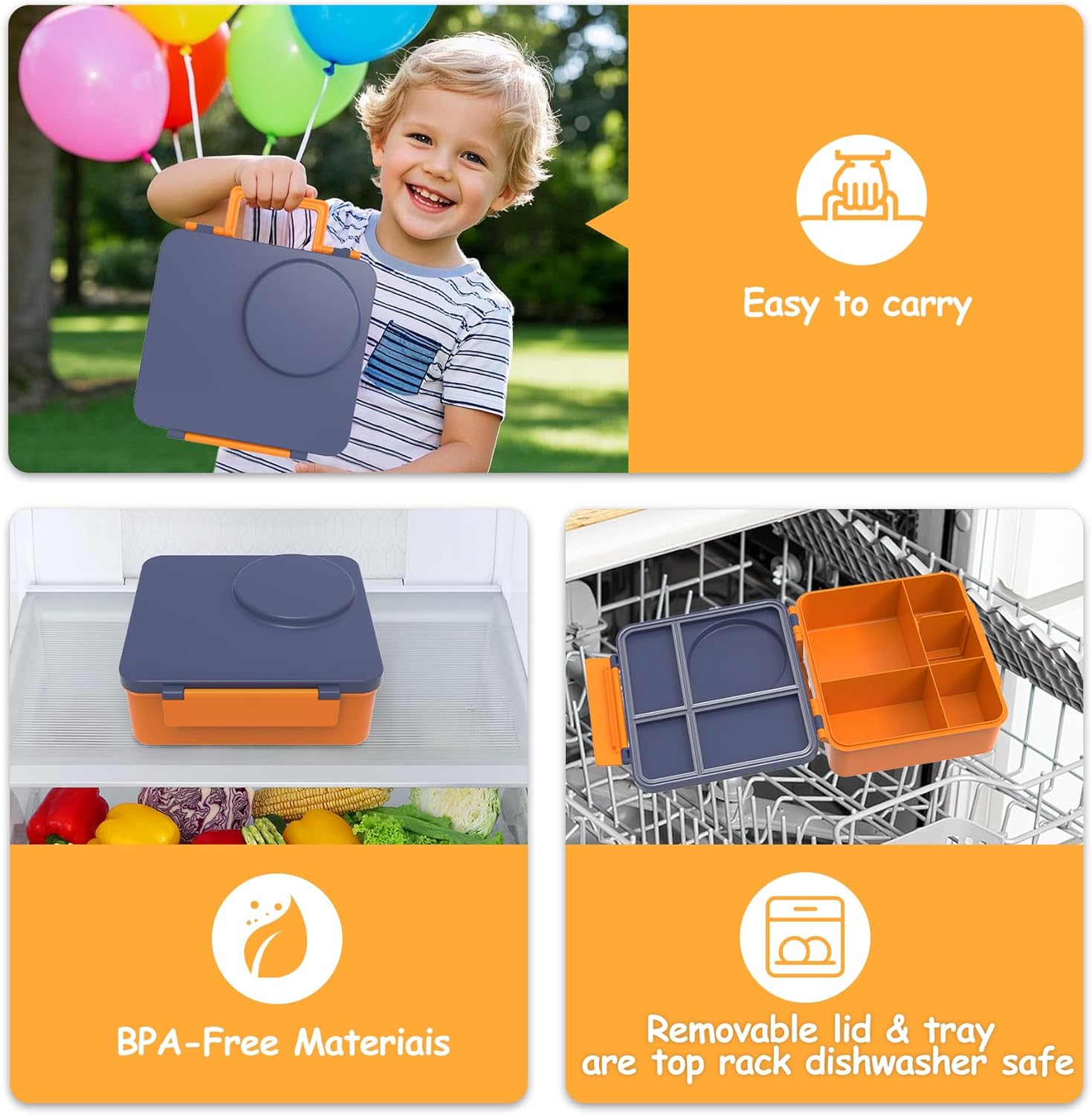 Bento Lunch Box Set for Kids with 8oz Soup Thermo, Leak-Proof Lunch Containers with 4 Compartment, Thermo Hot Insulated Food Jar and Foldable Fork Spoon, for Kids to School (Navy Blue) - Image 5