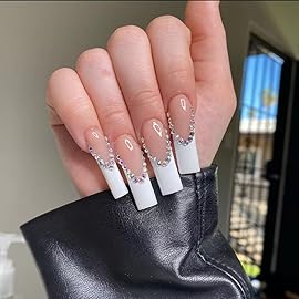 Magrace Press on Nails Long Square Fake Nails White French False Nails with Designs Rhinestone 24 pcs Stick on Nails for Women (A-2)