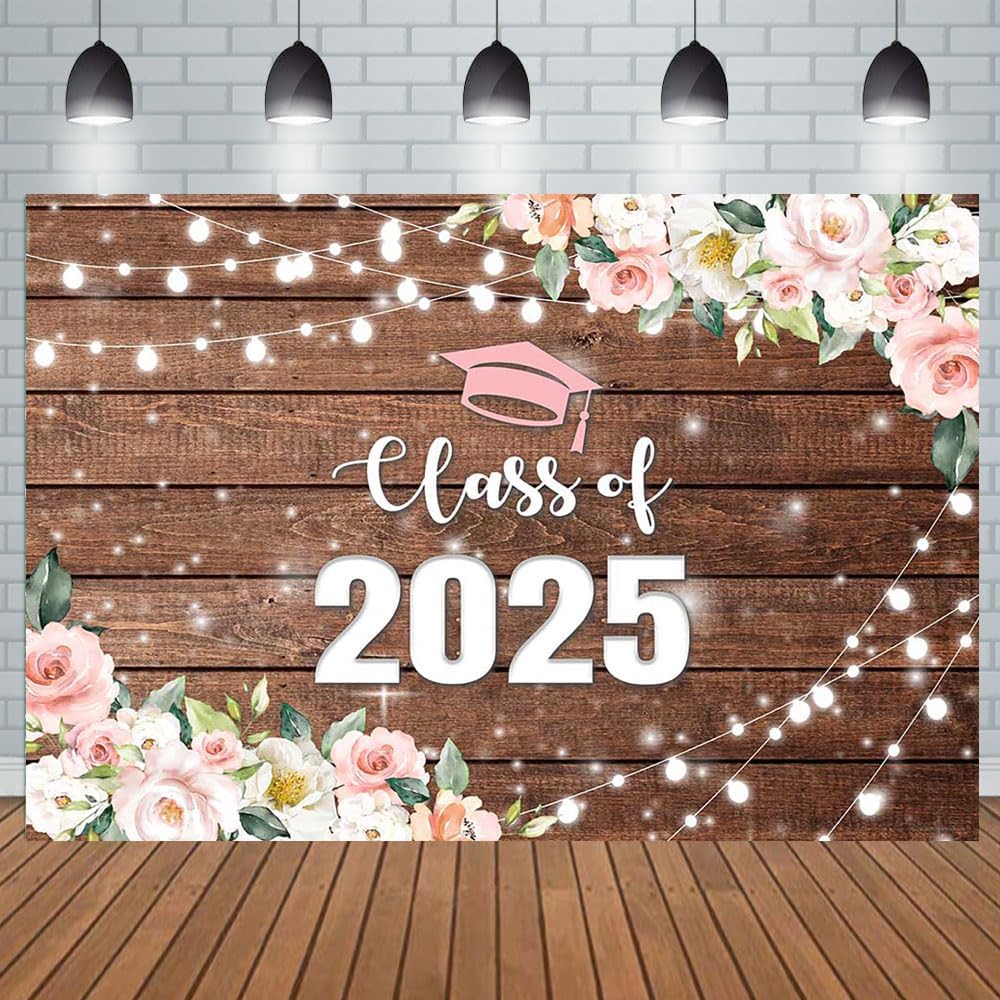 Aperturee Class of 2025 Graduation Photography Backdrop 10x7ft Prom Congrats Grad Bachelor Cap Pink Floral Flowers Wood Rustic Wooden Floor Background Party Decorations Photo Studio Booth Props Banner
