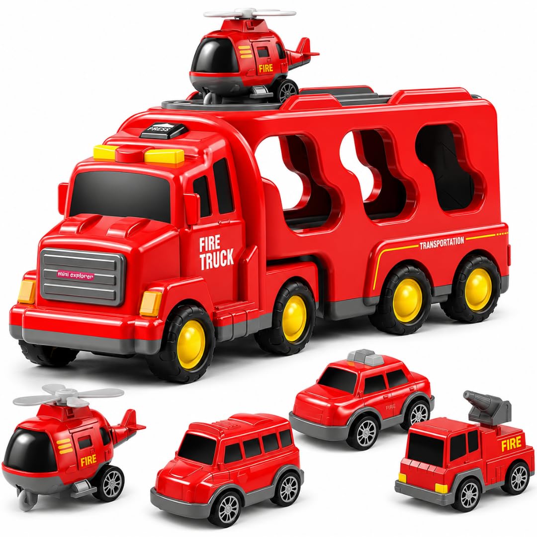 MiniExplorer 5-in-1 Fire Truck Toy Set for Kids | Fire Car Carrier Vehicle with Lights & Sound | Emergency Rescue Transport Toy for Toddlers Girls Boys Ages 1 6 Years, Red