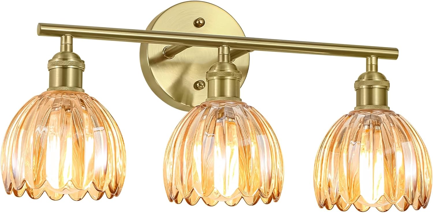 Vintage Bathroom Light Fixtures,3-Light Hardwired Vanity Lights Over Mirror,Gold Wall Sconces with Amber Tulip Glass Shade for Bathroom Living Room,E26 Socket(Bulbs Not Included) 3-Light Hardwire-Glod Metal Finish-Amber Glass Shade