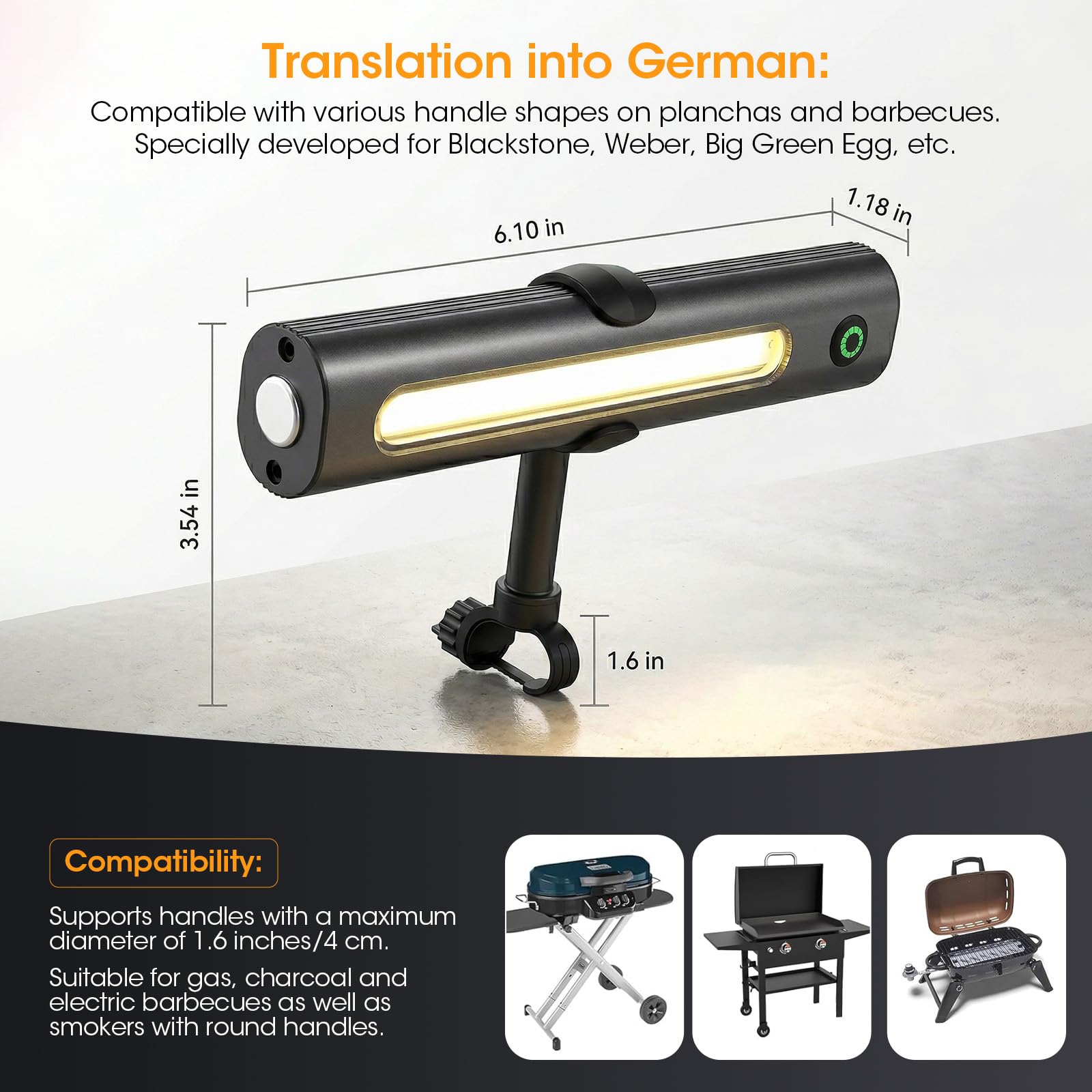 MQFORU Luz de parrilla LED 300 lúmenes, recargable por USB-C 2000mAh, lámpara de parrilla giratoria 360° con soporte, lámpara de parrilla magnética, iluminación de parrilla de acero inoxidable para