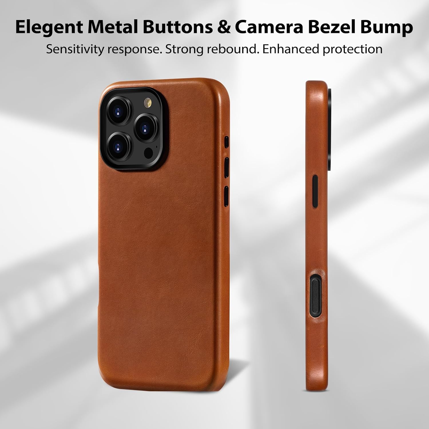 Belemay Compatible with iPhone 16 Pro Leather Case, Compatible with MagSafe, Premium Full-Grain Vegetable-Tanned Smooth Leather, Metal Buttons & Camera Bump Frame, Luxury Cover (6.3") Saddle Brown - Image 5