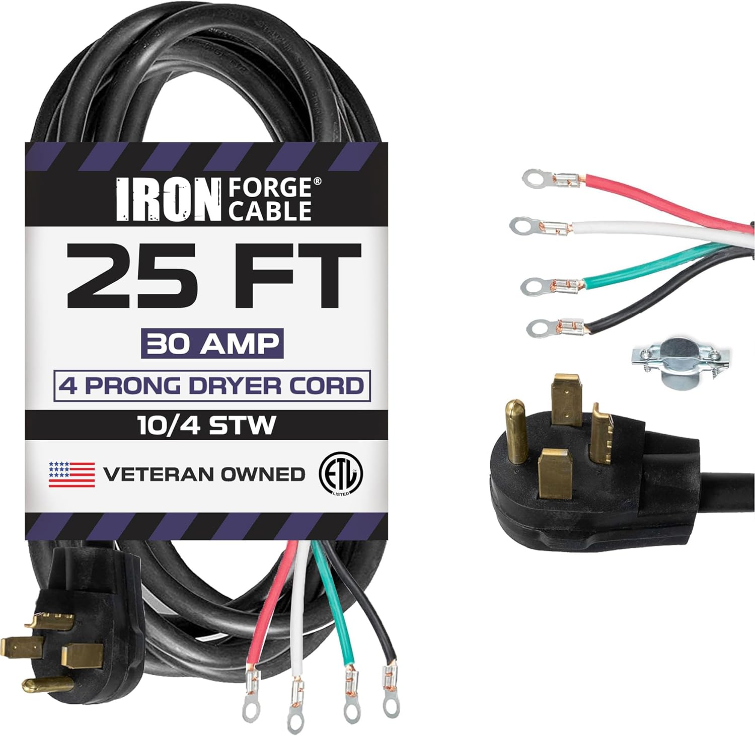 Iron Forge Cable 4 Prong Dryer Cord 25 ft, Black 10/4 NEMA 14-30 Plug 30 Amp Extension Cord 25 Foot for Dryer & EV with Ring Terminals, 125V/250V SRDT