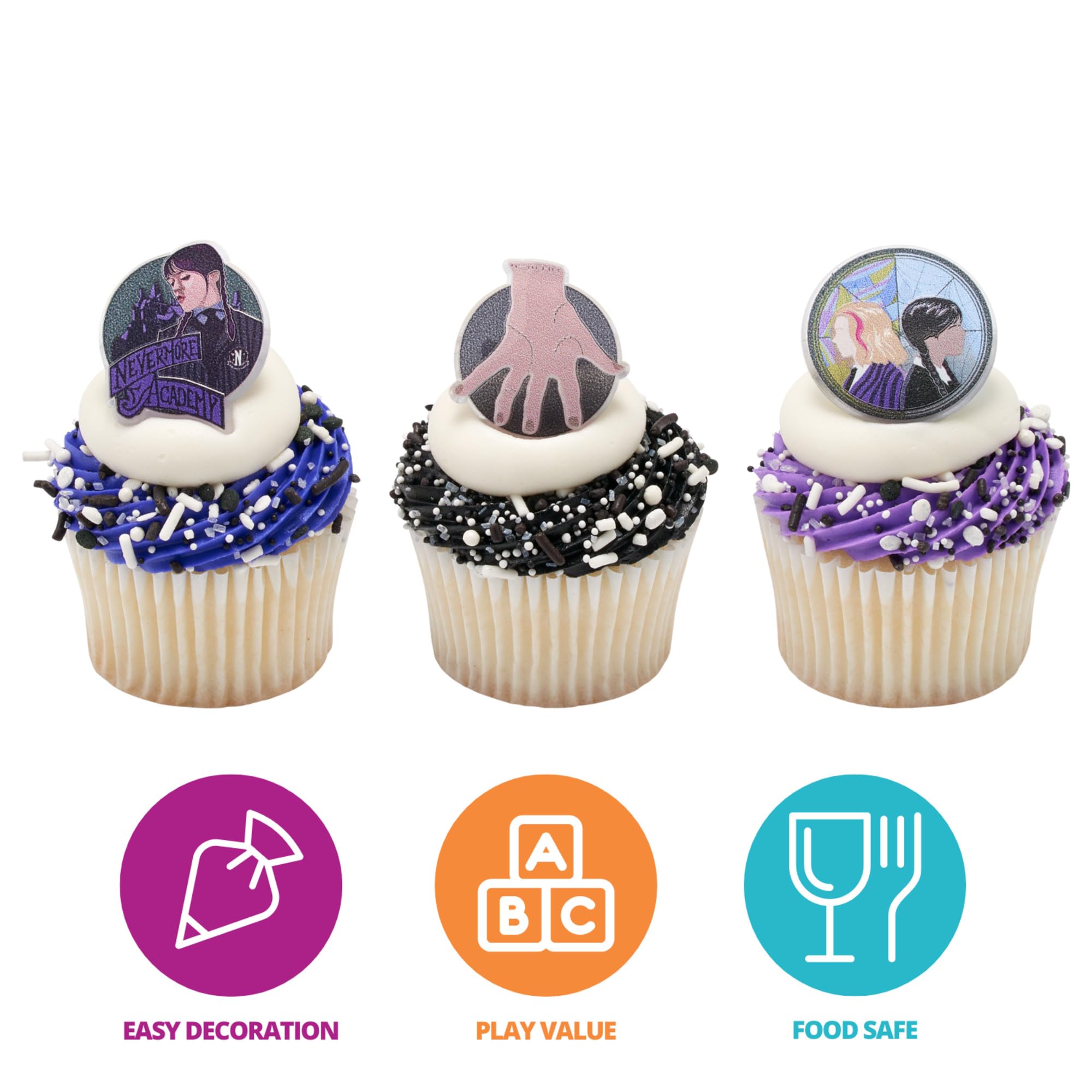 DecoPac Wednesday Outcasts Are In Cupcakes Rings, Nevermore Academy Cupcake Decorations, Food Safe Cupcake Toppers – 24 Pack