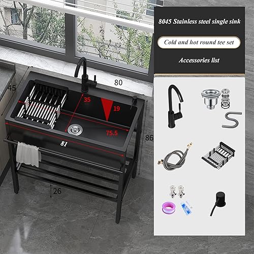 Miniatura 7 de Fregadero de cocina de acero inoxidable comercial negro 1 compartimento fregadero de uso independiente resistente montado en el suelo con grifo y