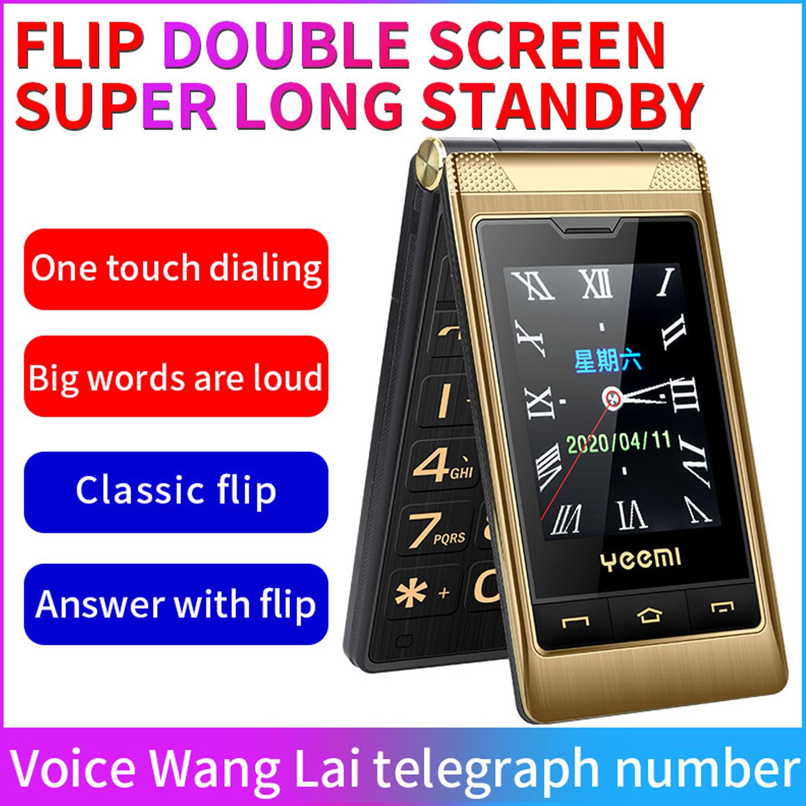 3G Unlocked Senior Flip Cell Phone, Big Button Dual SIM Seniors Cell Phone, 3.0-calowy Dwustronny Duży Ekran, 5900mAh Battery, Flip Mobile Mobile dla Starszych i Dzieci(Złoto)