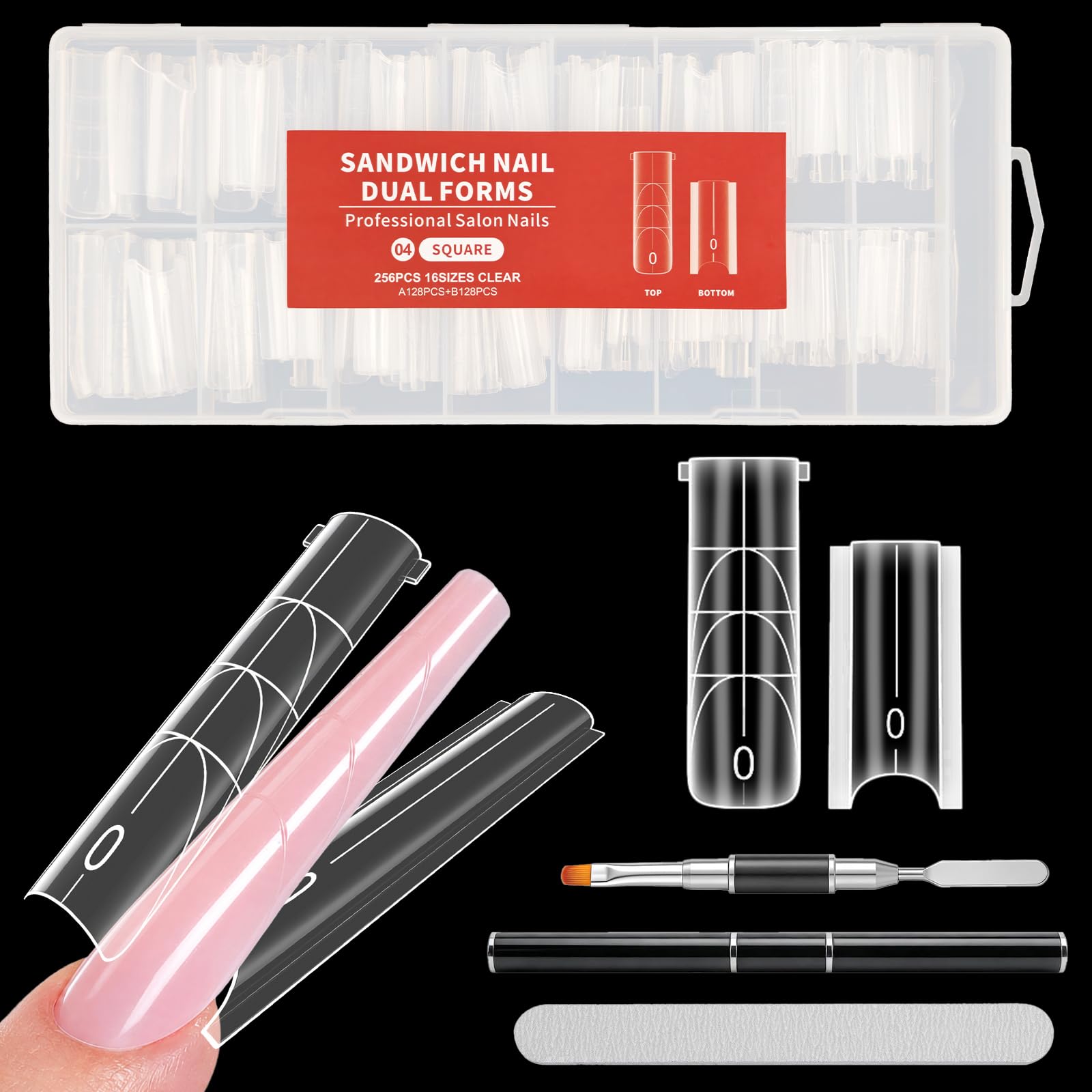 256 Pezzi Sandwich Dual Form, 16 Misure, Con Pennello 2-In-1 Per Unghie e Lima, Per Polygel, Builder Gel e Acrygel, Salone e Fai Da Te, Per Principianti(Mandorla)