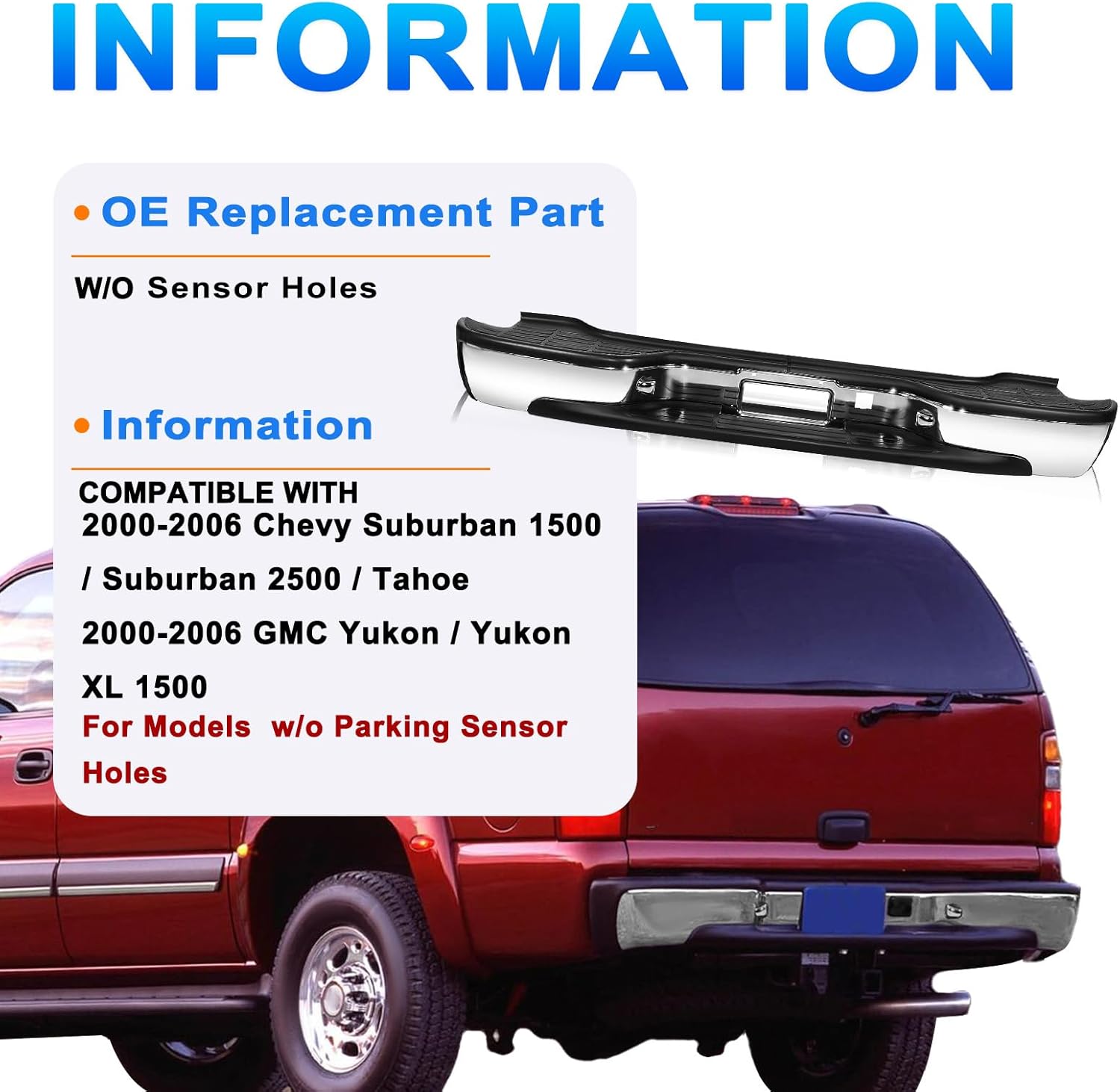 SOCKIR (w/o Sensor Holes) Rear Bumper Assembly Fits for 2000-2006 Chevy Suburban 1500/2500 / Tahoe / 00-06 GMC Yukon/Yukon XL 1500 Back Step Bumper Chrome One-piece Molding Anti-Rust Coating