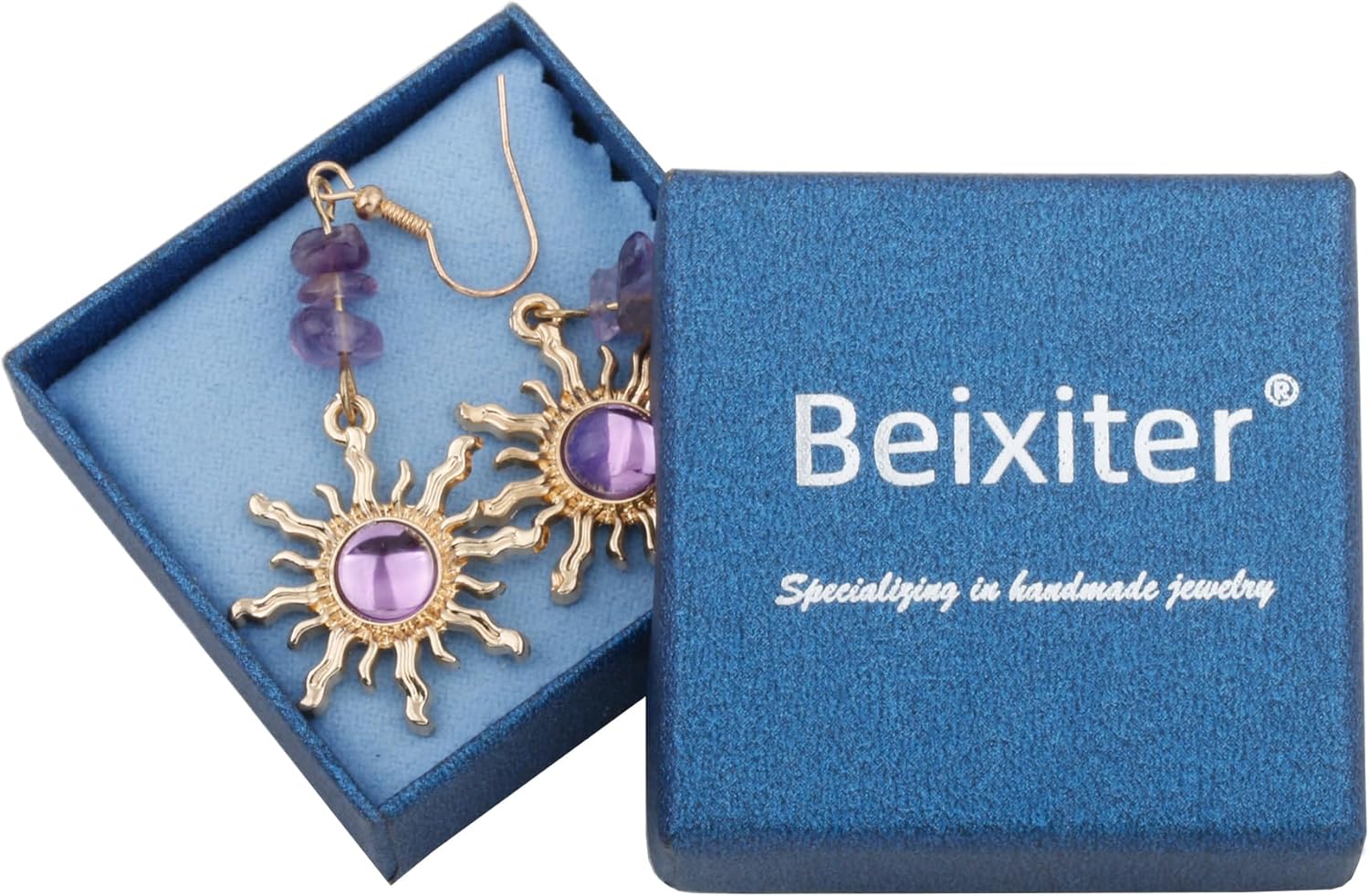 Handmade Boho Amethyst Crystal Celestial Sun Dangling Drop Earrings for Women - Image 6