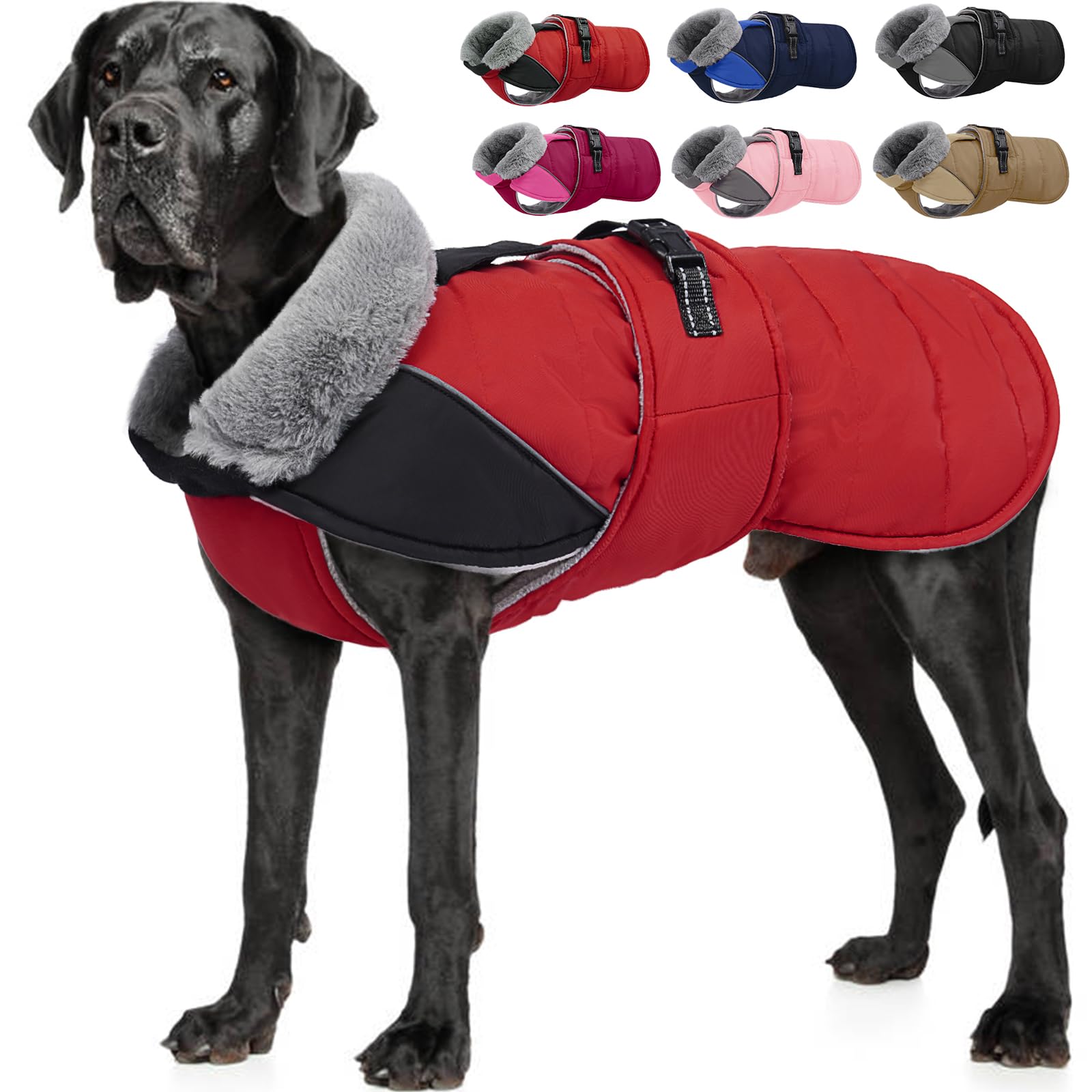 Nanaki Dog Coat Jacket for Large Dogs Winter Waterproof, Warm Fleece Lining Furry Collar Large Dog Jacket with Leash Hole, Reflective Cold Weather Pet Jacket Outdoor Walking Hunting,Easy On Red 3XL