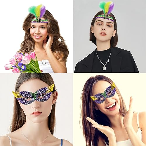 Miniatura 2 de 6 diademas de plumas de Mardi Gras, morado, verde, dorado, máscara de cuentas, collar, medias de lentejuelas, bandas para el cabello, diadema para
