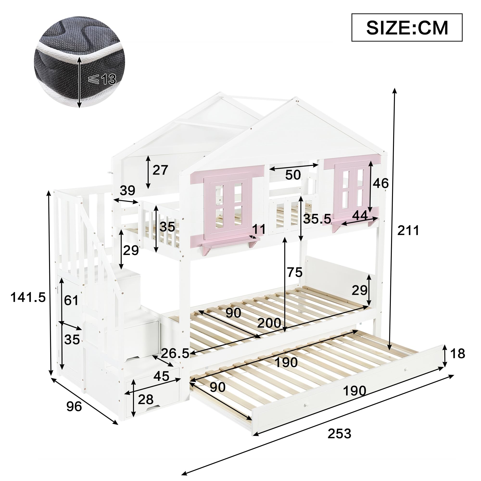 Letto a castello 90 x 200 cm, letto in legno con finestra e tetto, letto per ragazzi con letto pieghevole (senza materasso) bianco+rosa
