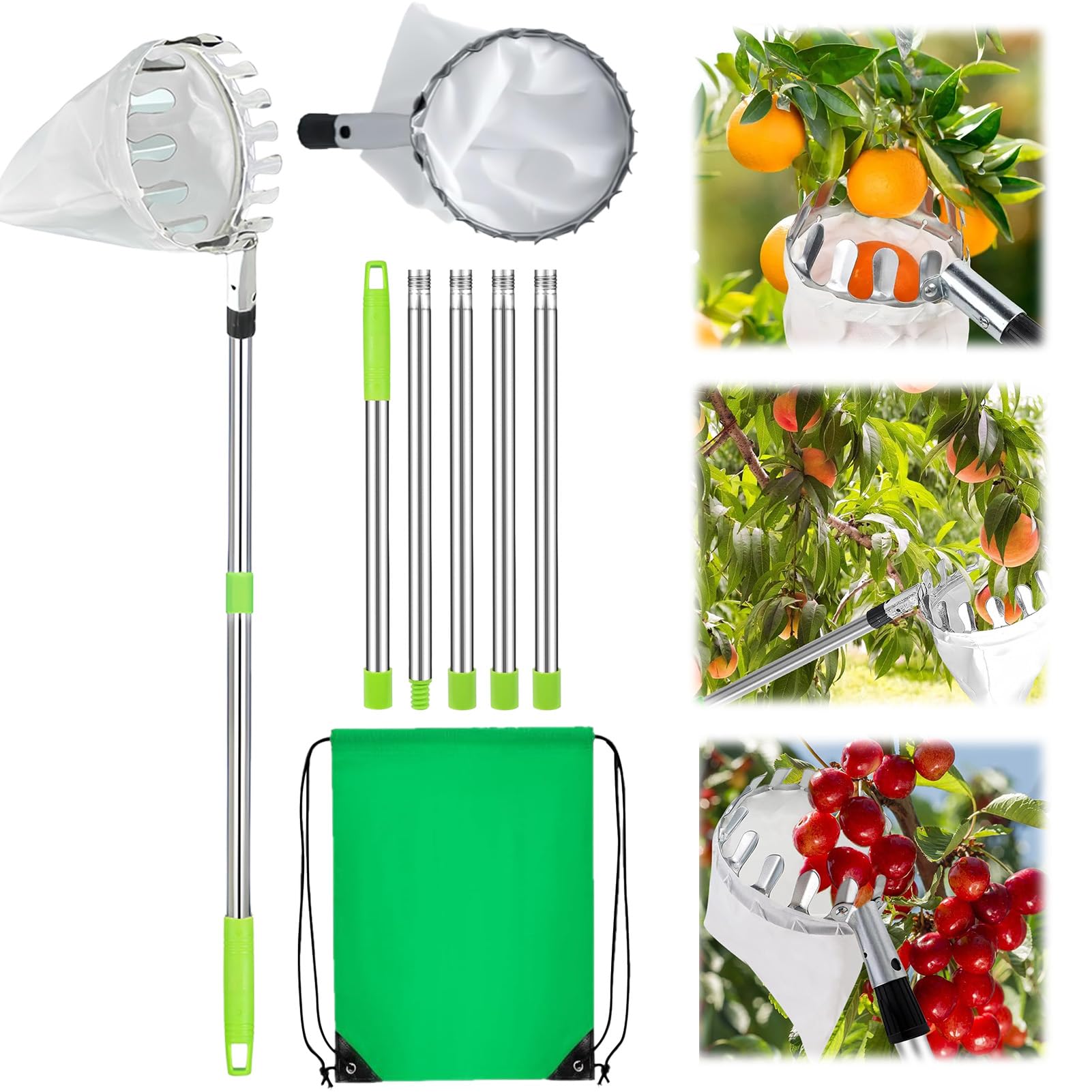 Raccogli Frutta con palo in Acciaio Inox Leggero,2m Raccoglitore di Frutta,raccogli Ciliegie telescopico,raccogli Frutta telescopico,attrezzo raccogli per Raccolta Mele-agrumi-pere-pesche