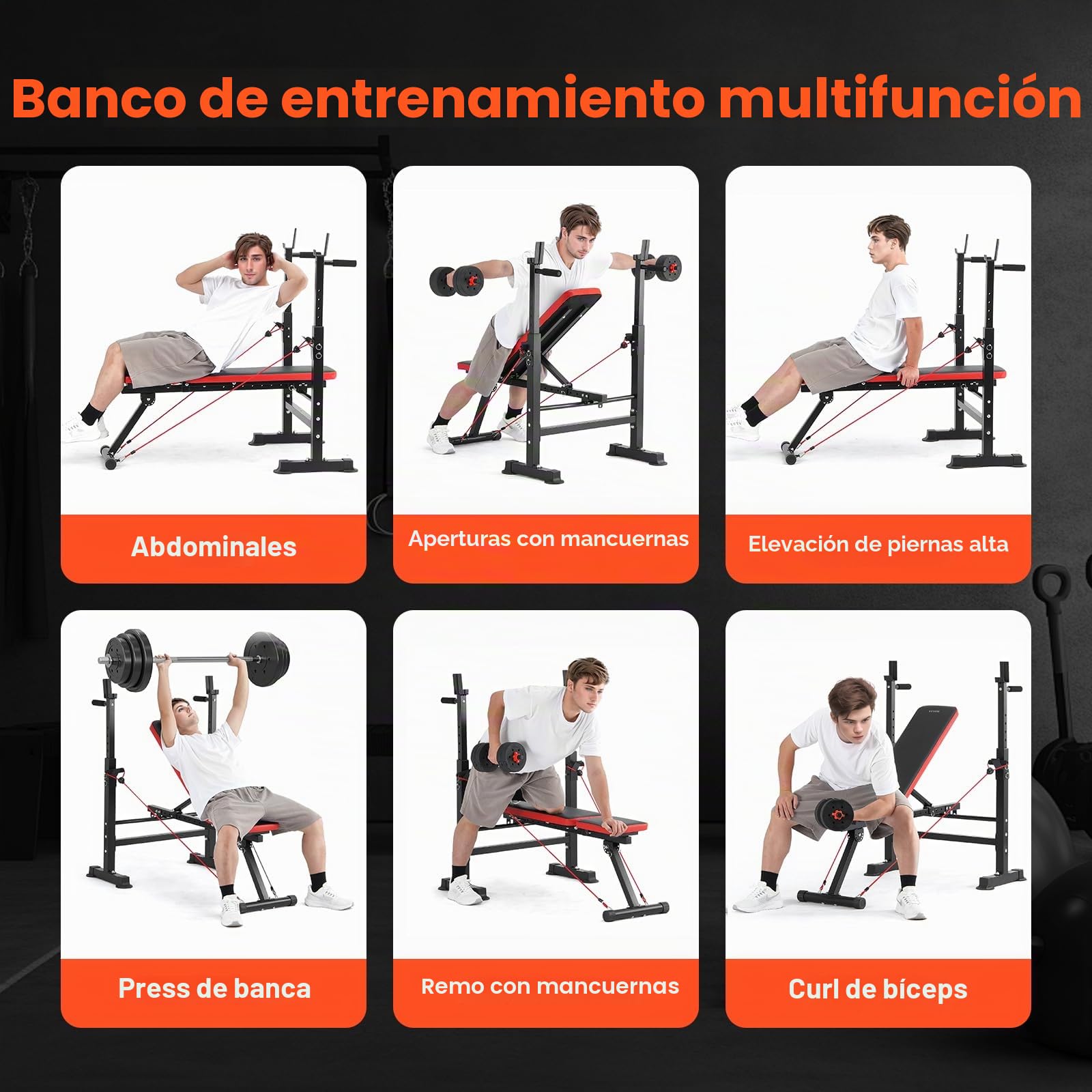 VEVOR Banco de Pesas 6 en 1 Banco de Ejercicios para Abdominales para Entrenamiento de Fuerza en el Gimnasio en Casa, 272 kg Banco Plano Inclinado y Declinado de Plegado Rápido, 1400 x 840 x 1170 mm