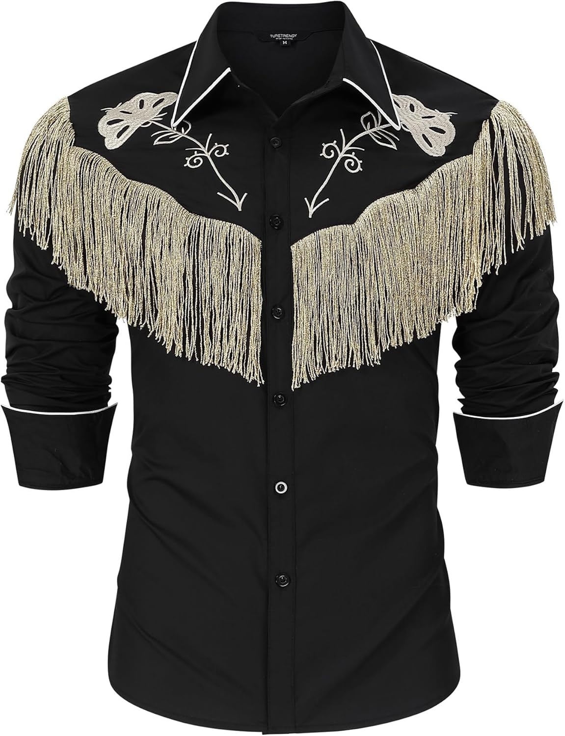 TURETRENDY Men's Western Cowboy Fringe Shirts Long Sleeve Embroidered Slim Fit Casual Button Down Shirts Black 1 XL