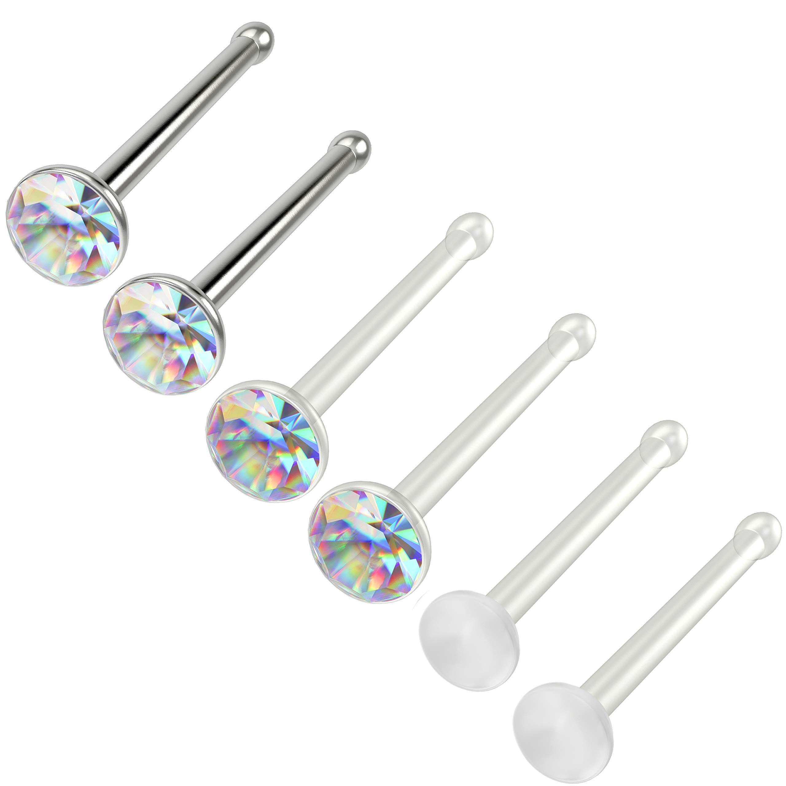 Bling Piercing6pc 1mm 18g 1mm Nose Stud Bone Straight Bar Nostril Ring Surgical Steel 2.5mm Crystal and 0.8mm 20g AB Bioflex Stud 0.8mm Retainer Keeper