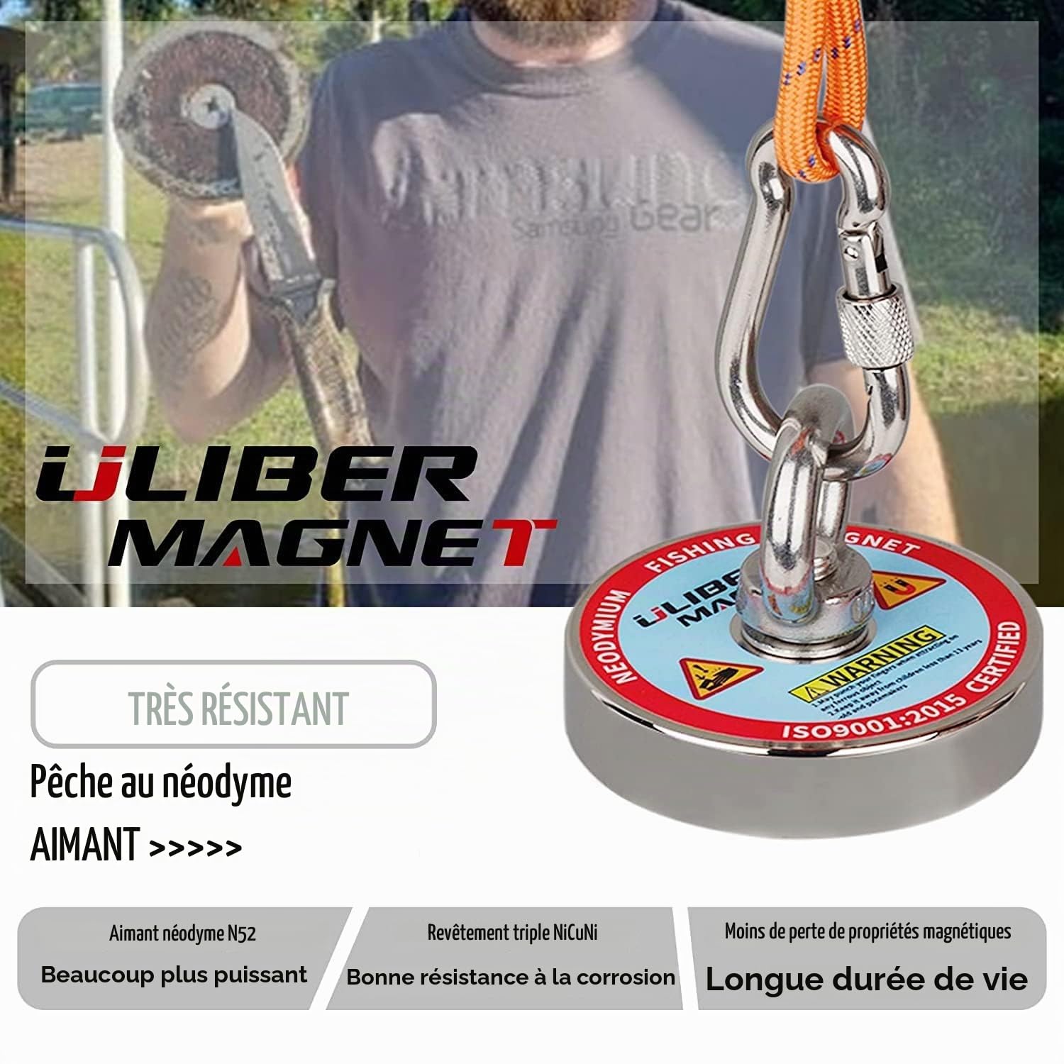 ULIBERMAGNET Aimant de pêche super fort 400kg Traction,n52 néodyme recyclé aimant de pêche diamètre 90mm avec corde et gants préférés, idéal pour la récupération, le Trésor et le recyclage…